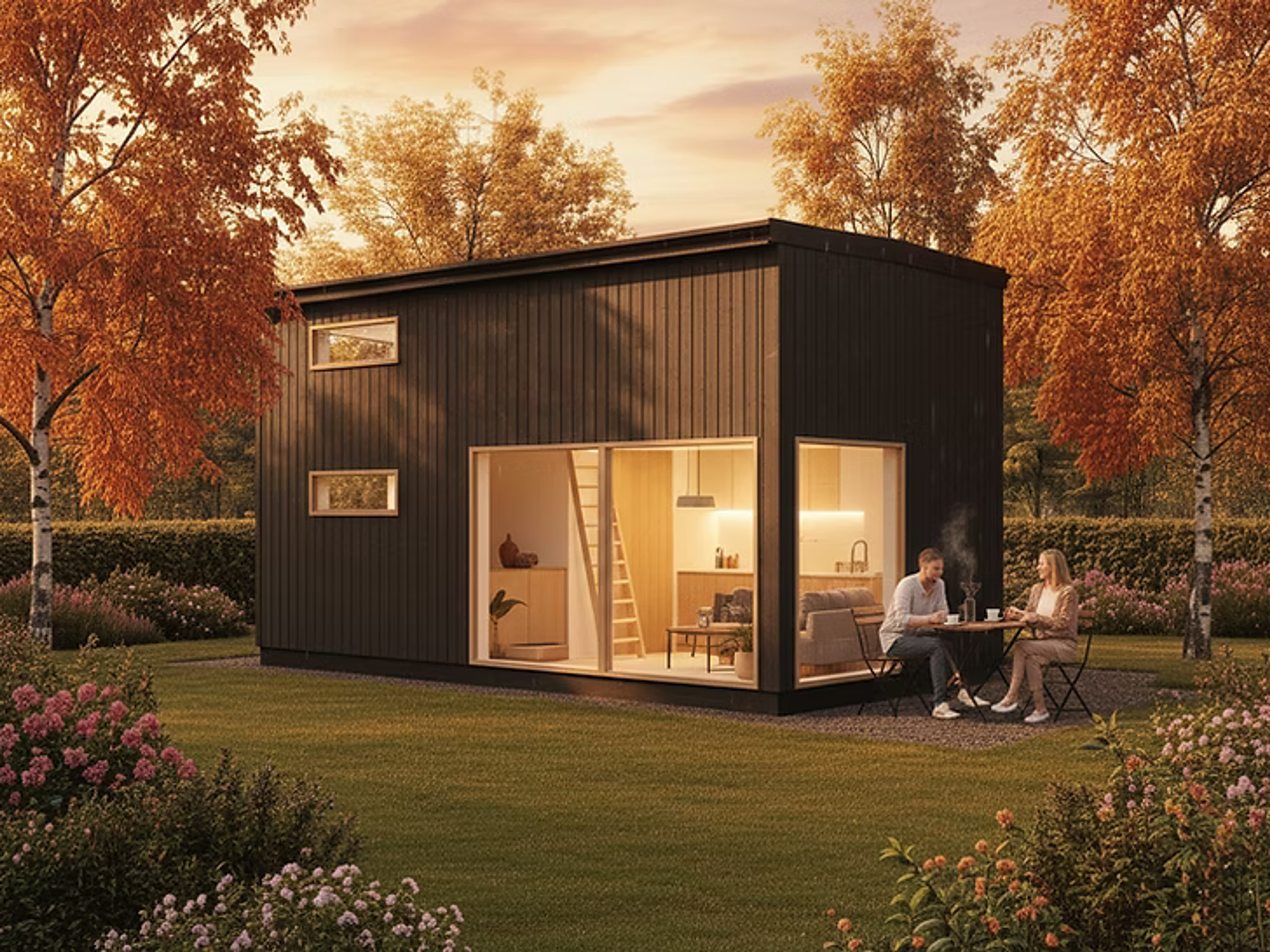Attefallshus Björkbacken, 3D-exteriörvy i höstmiljö med björkar och middagssällskap