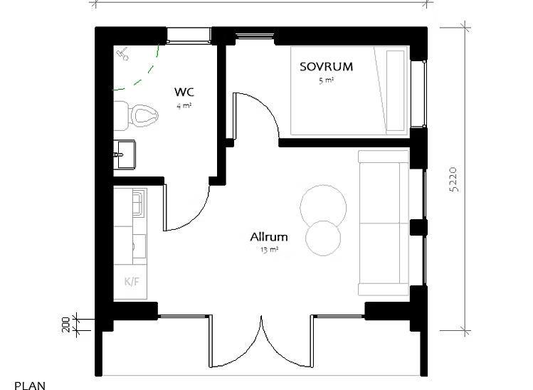 Attefallshus Gläntö, planritning med WC, sovrum och allrum