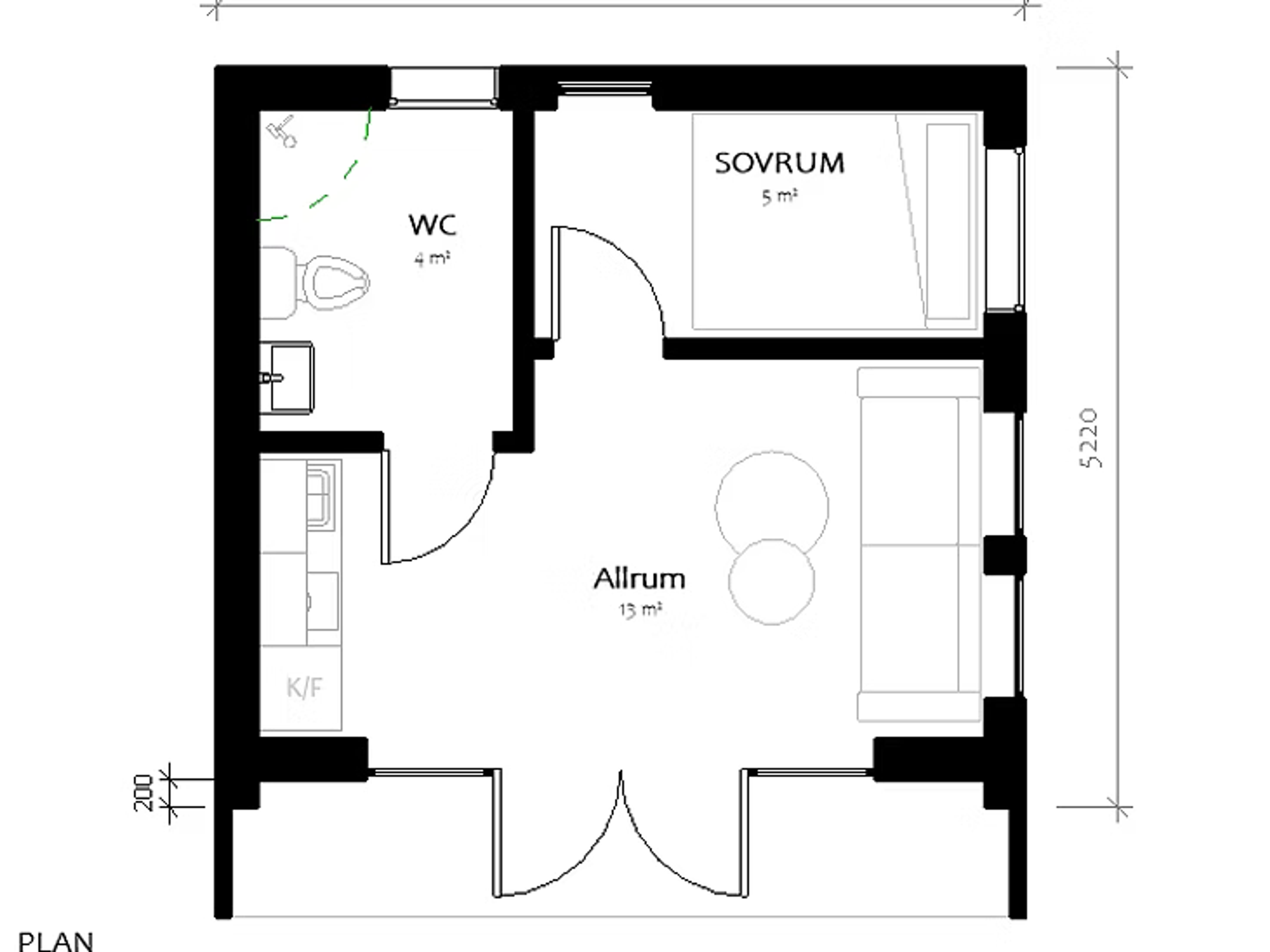 Attefallshus Gläntö, planritning med WC, sovrum och allrum
