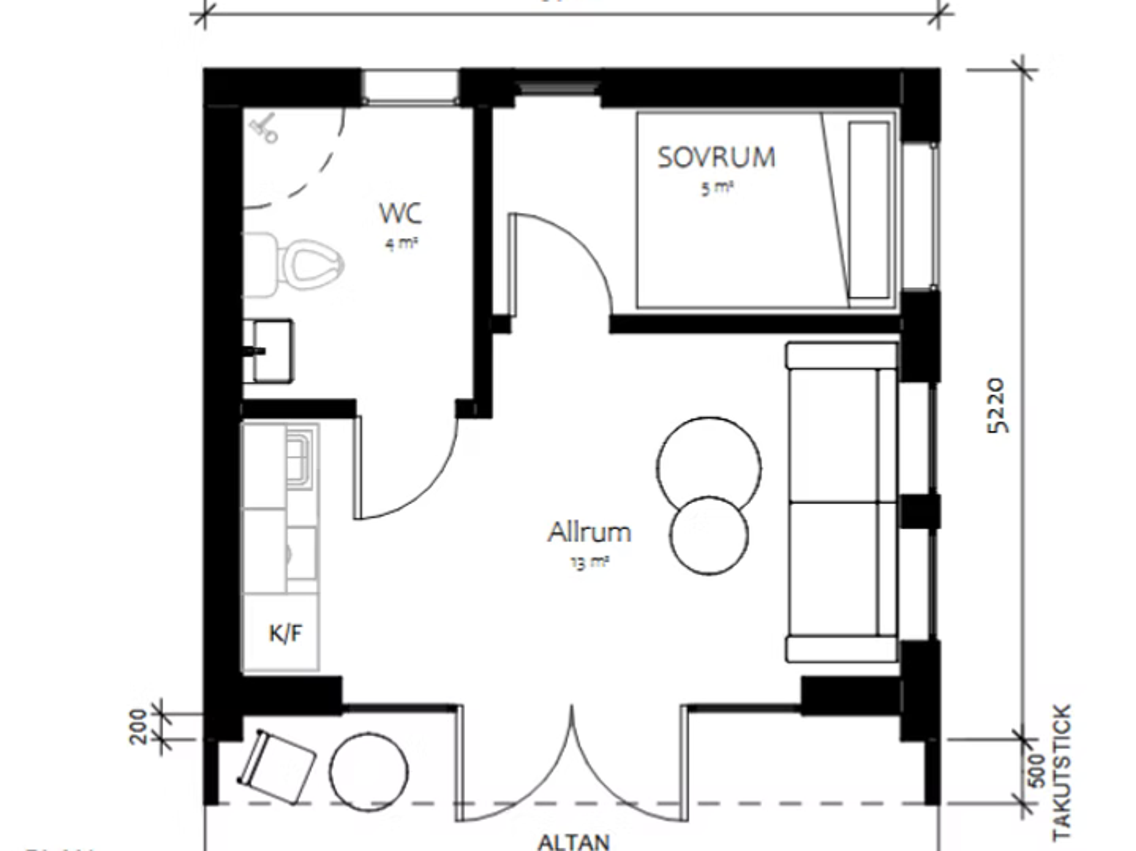 Planritning i skala 1:50 med sovrum, allrum, kök och altan