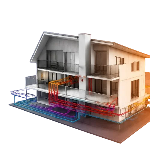 3D-modell av hus i genomskärning med färgkodat rör- och ventilationssystem