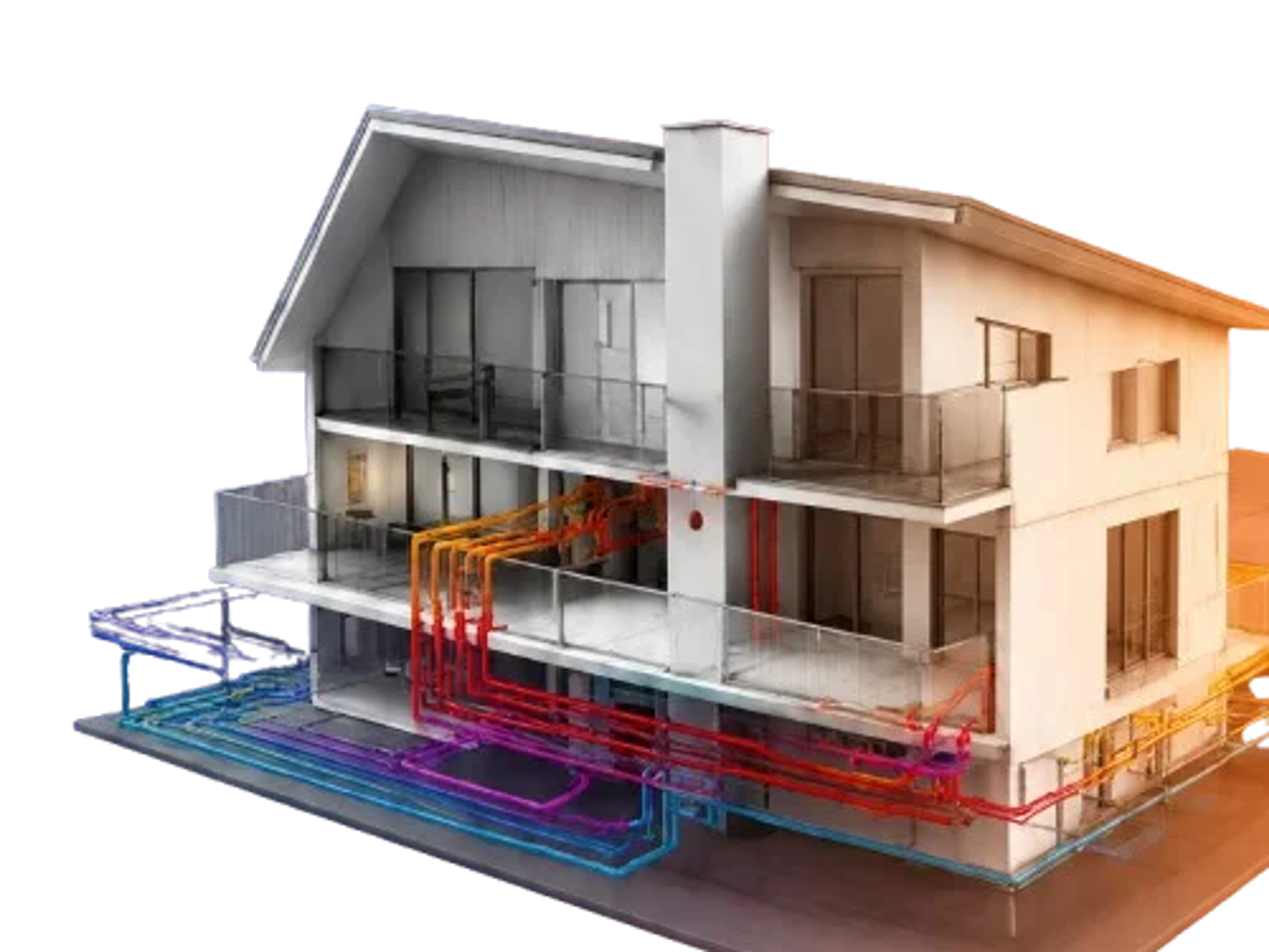 3D-modell av hus i genomskärning med färgkodat rör- och ventilationssystem