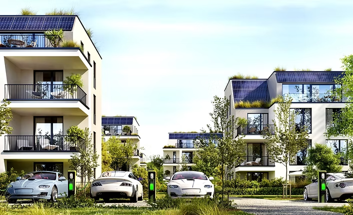Flervåningshus med solpaneler, gröna tak och laddstolpar för elbilar på gården