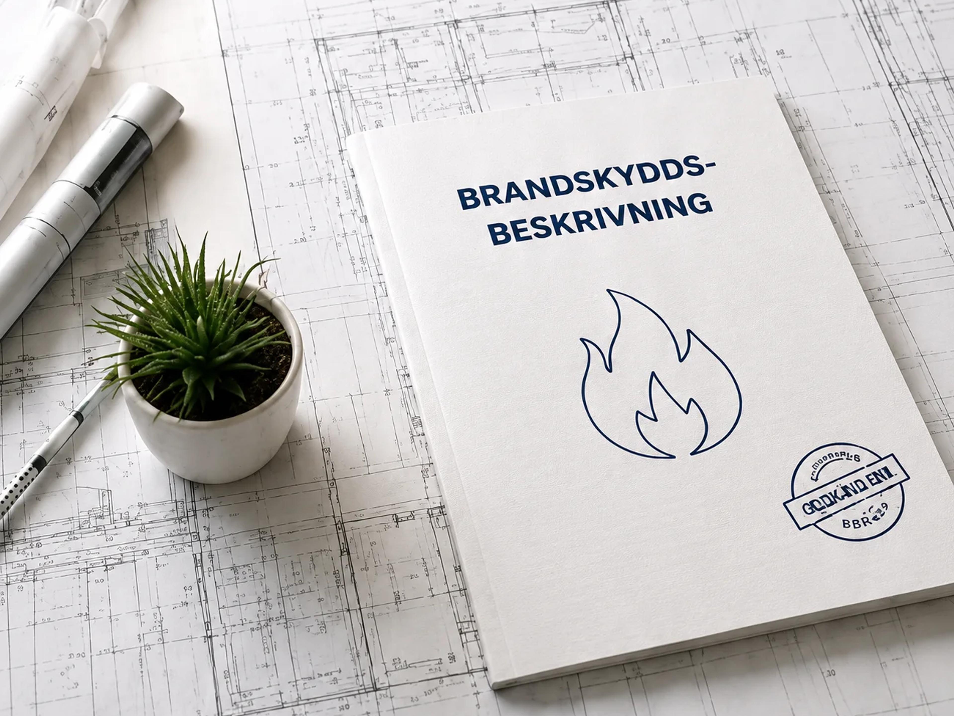 Broschyr märkt "Brandskyddsbeskrivning" med flamsymbol ovanpå ritningar och skrivdon