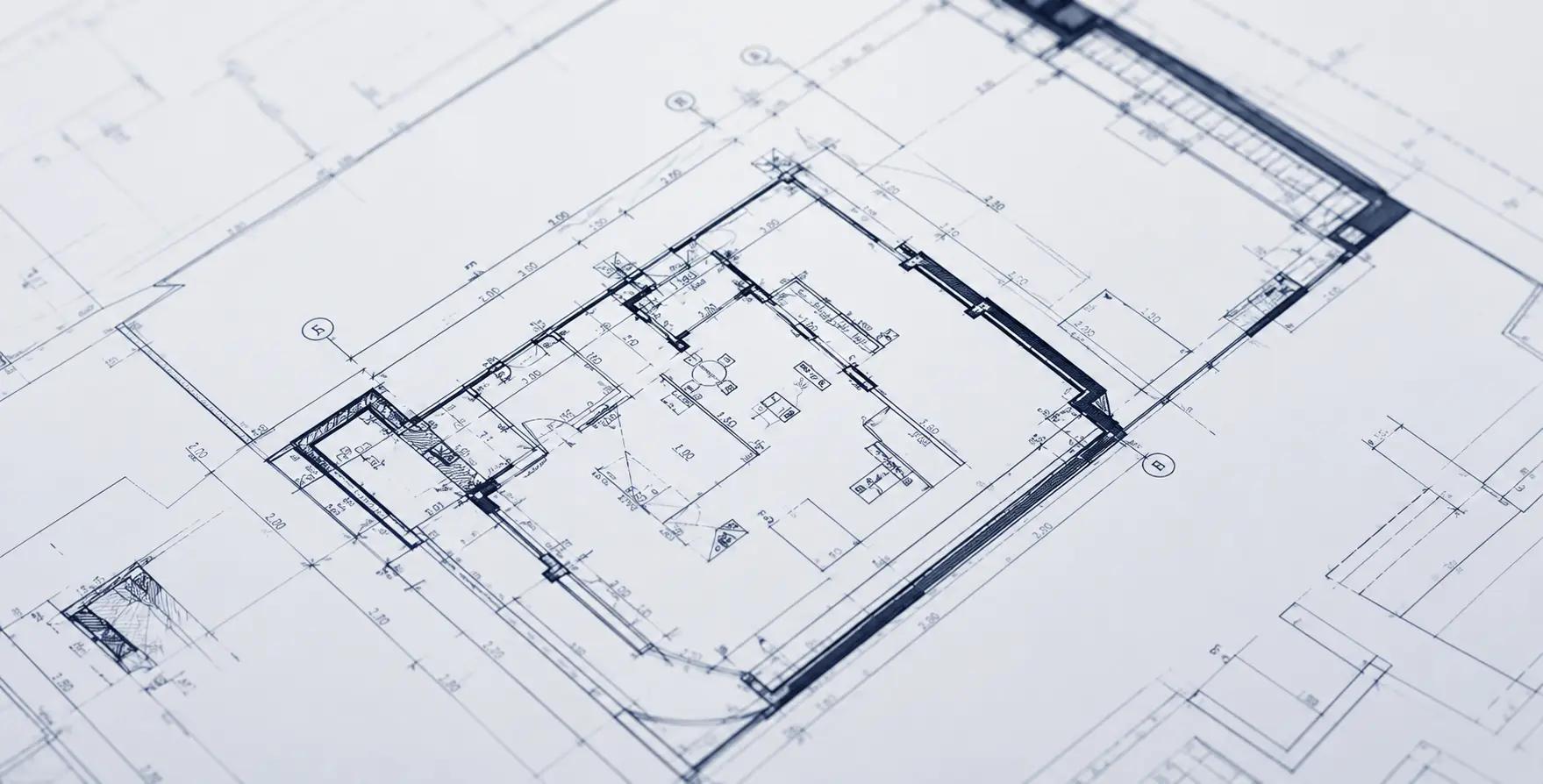 Närbild på en arkitektritning i blå tryckton med planlösning