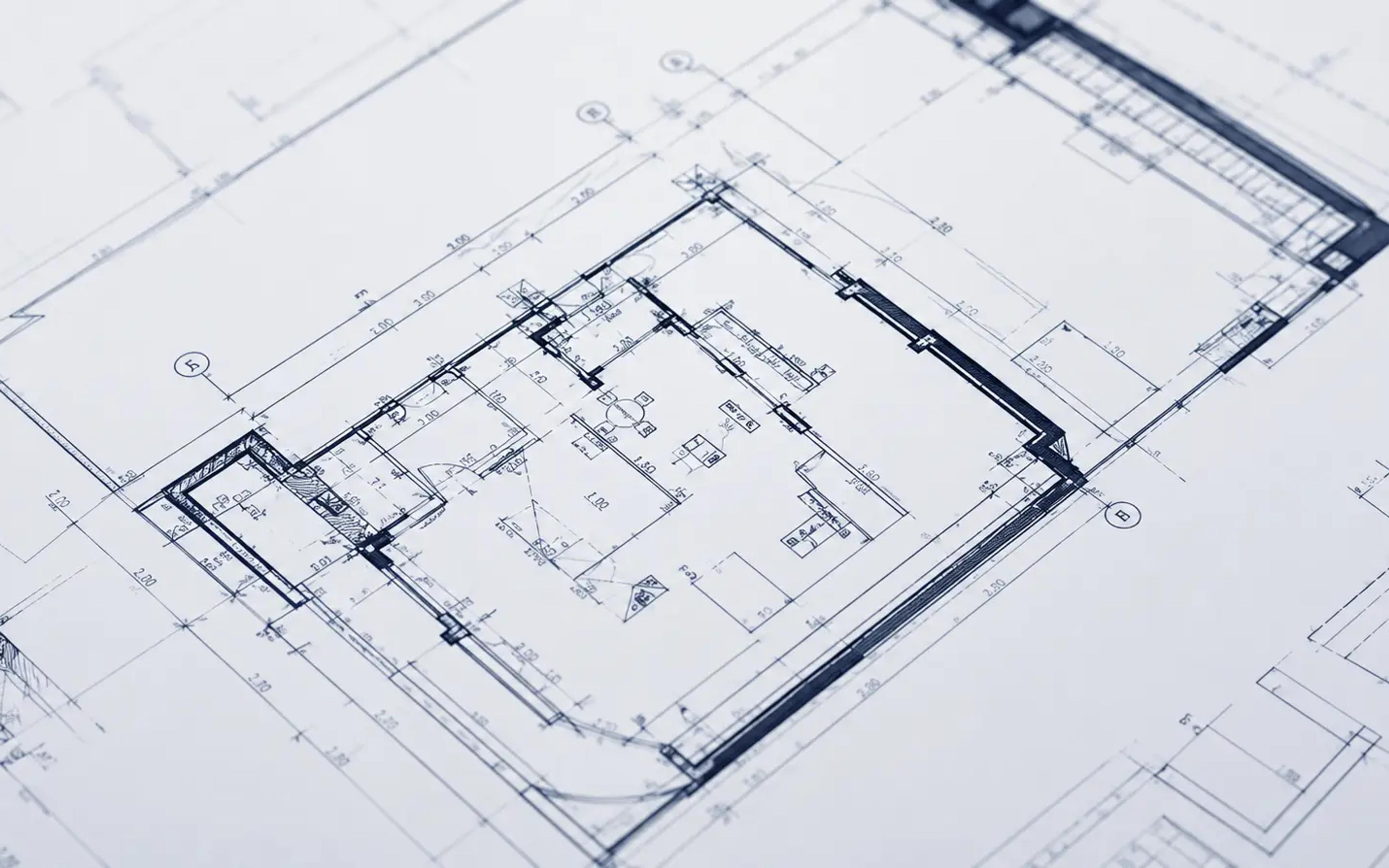 Närbild på en arkitektritning i blå tryckton med planlösning
