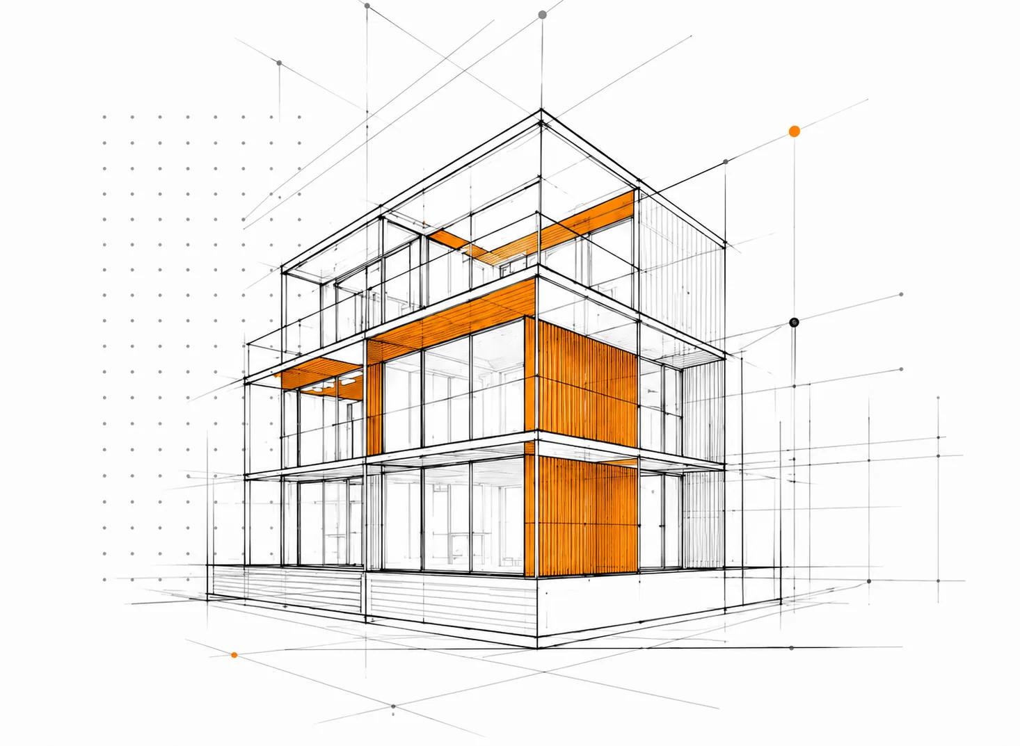 Arkitektskiss av ett modernt flervåningshus med markerade partier i orange