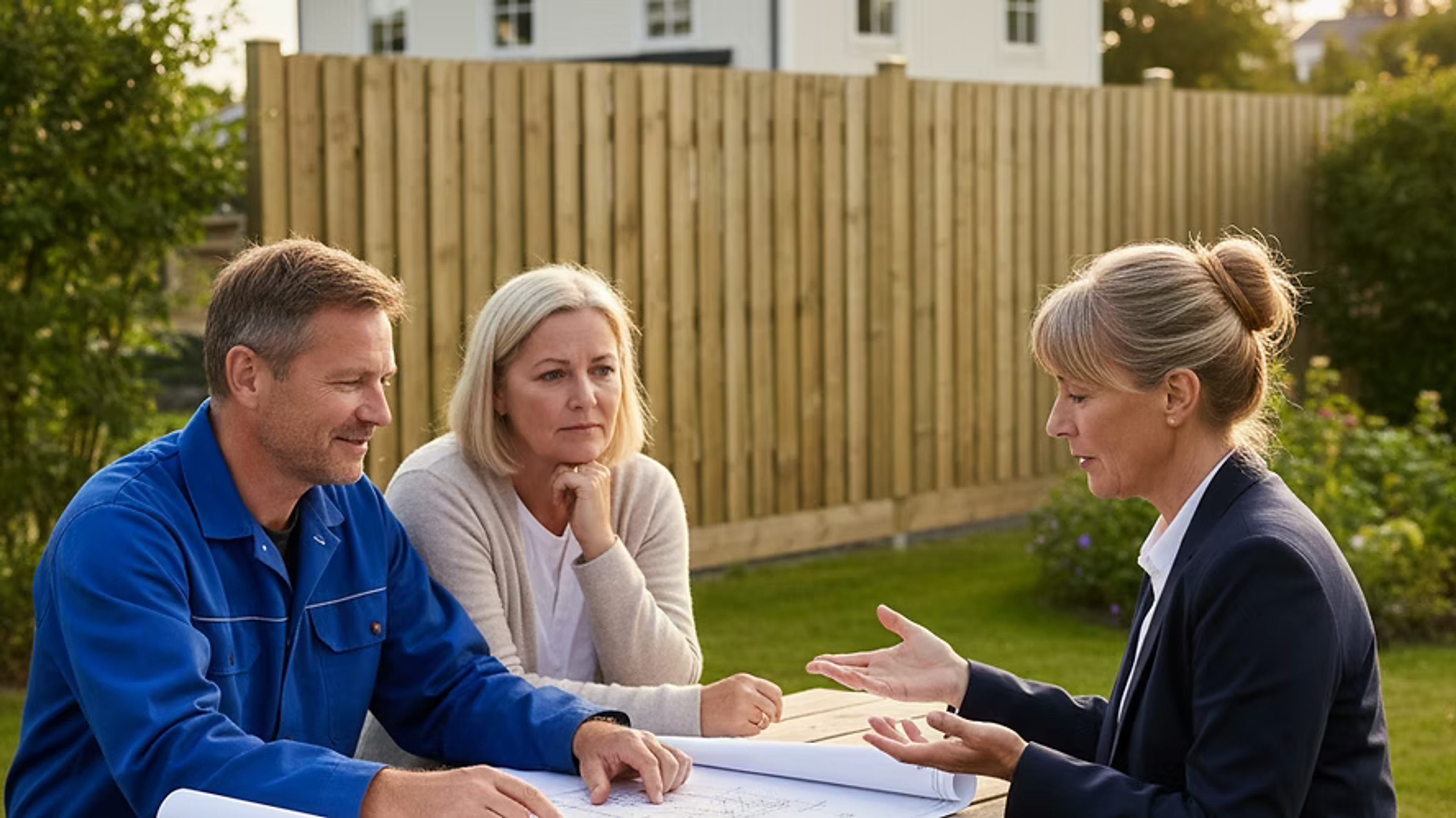 Rådgivare i möte med ett par vid ett bord framför ett trästaket