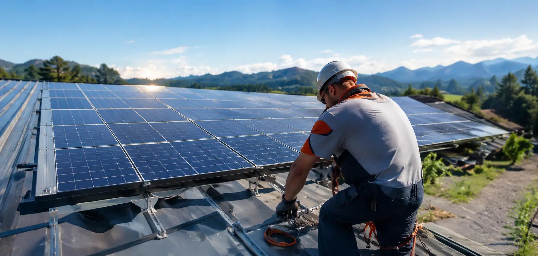 Montör i skyddshjälm installerar solpaneler på ett tak