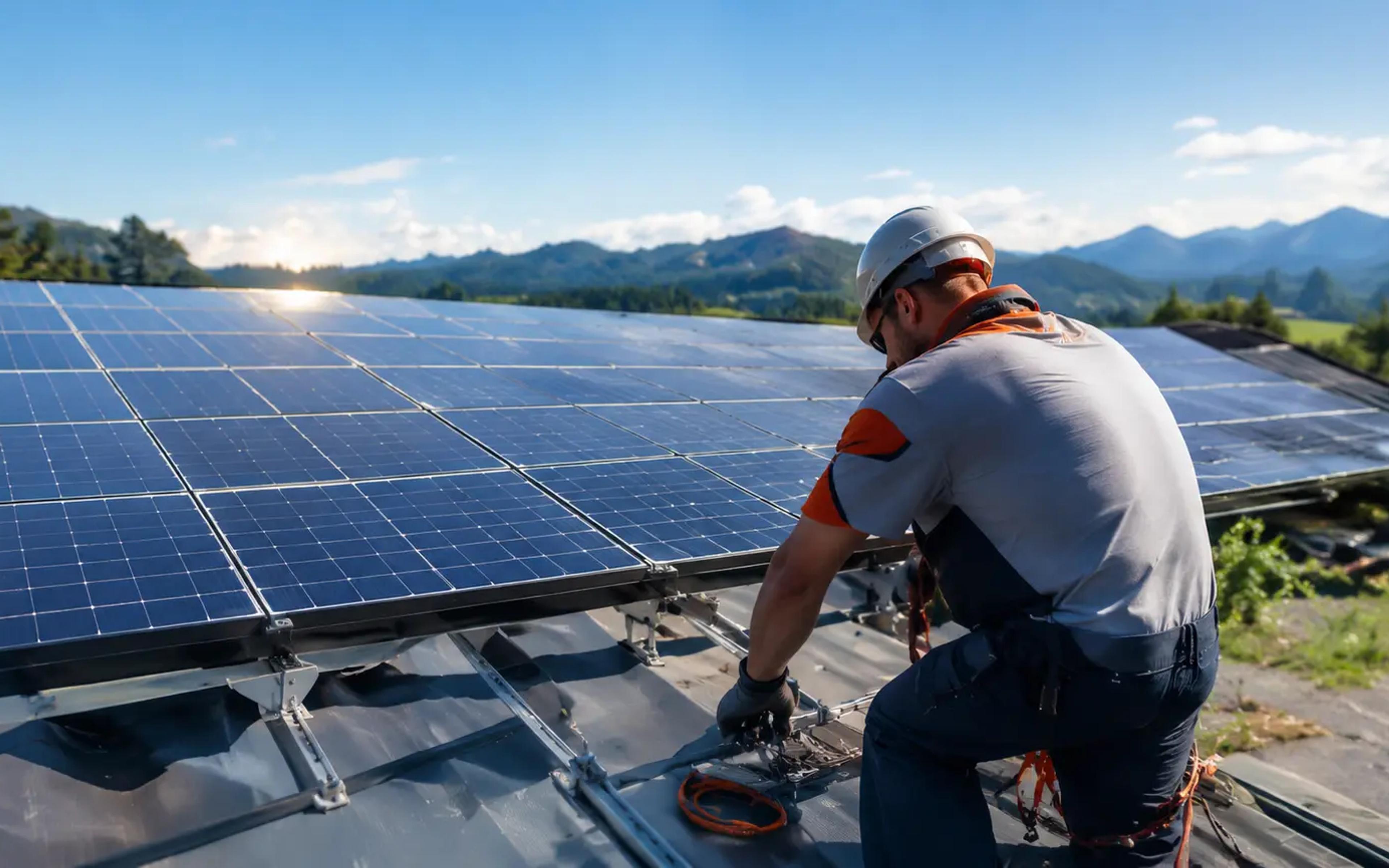 Montör i skyddshjälm installerar solpaneler på ett tak