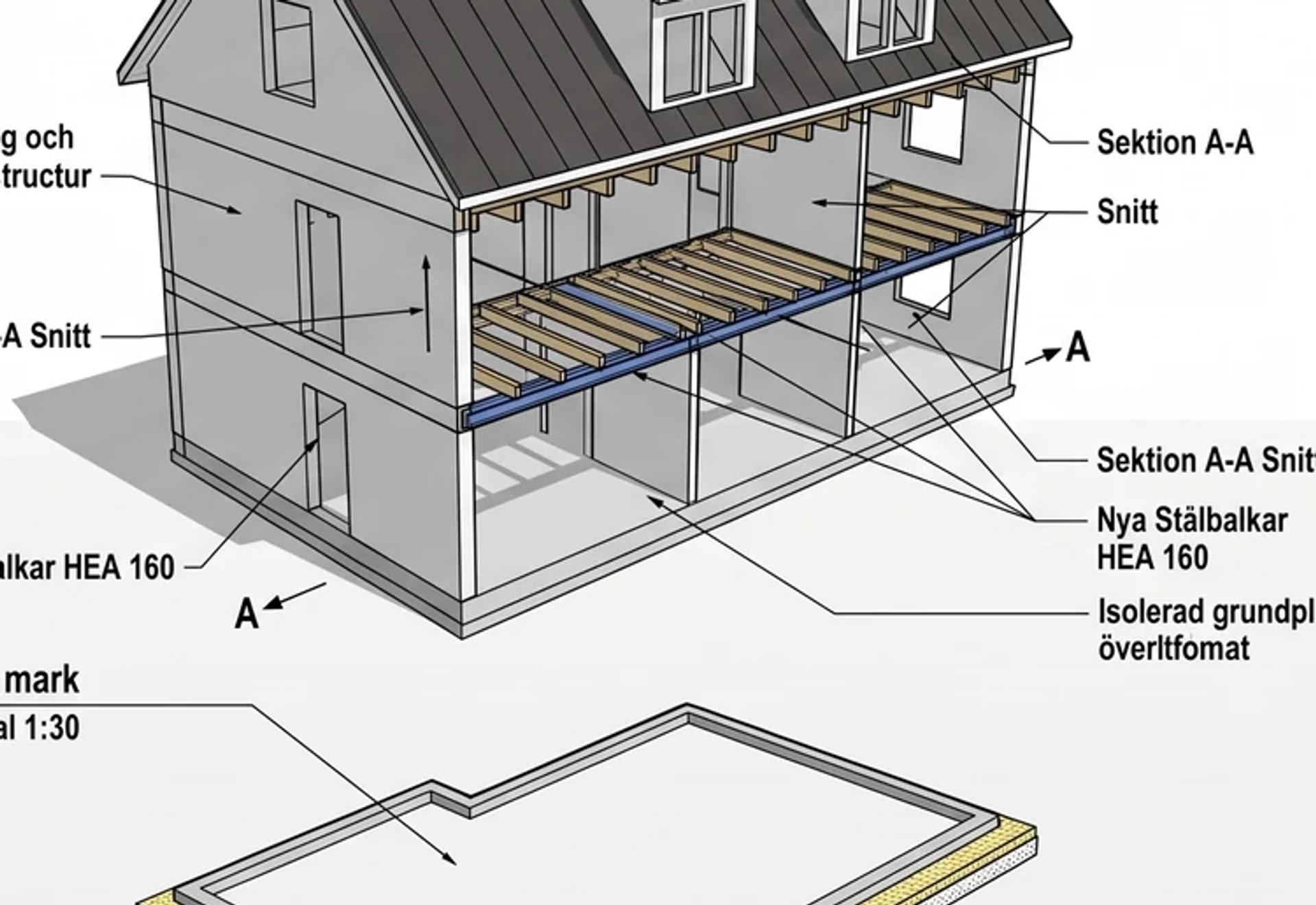 Genomskuren 3D-modell av tvåvåningshuset Sättgarnet 11 med nya stålbalkar, träbjälklag och isolerad platta på mark