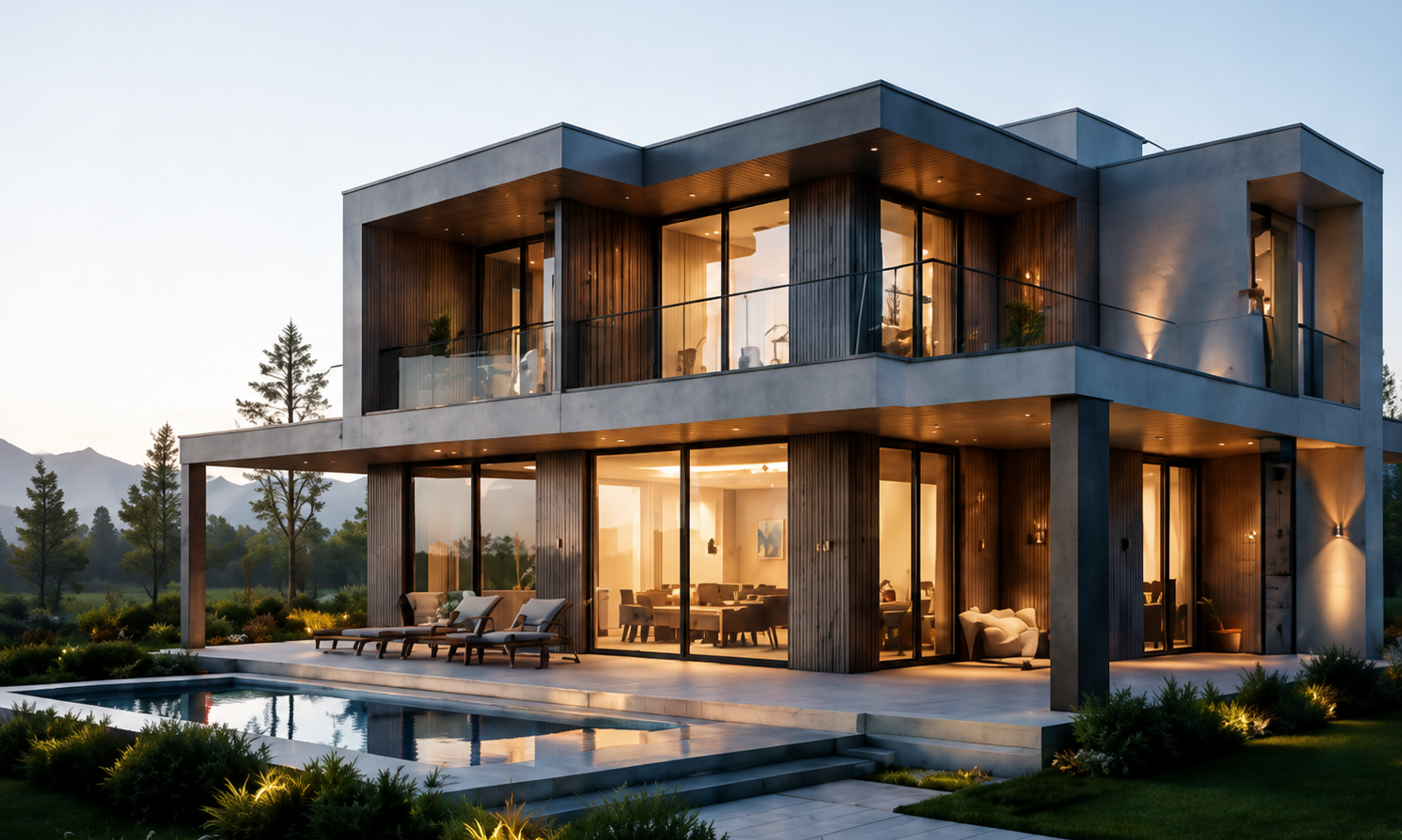 Modern arkitektritad villa med pool och stora glaspartier i skymningsljus
