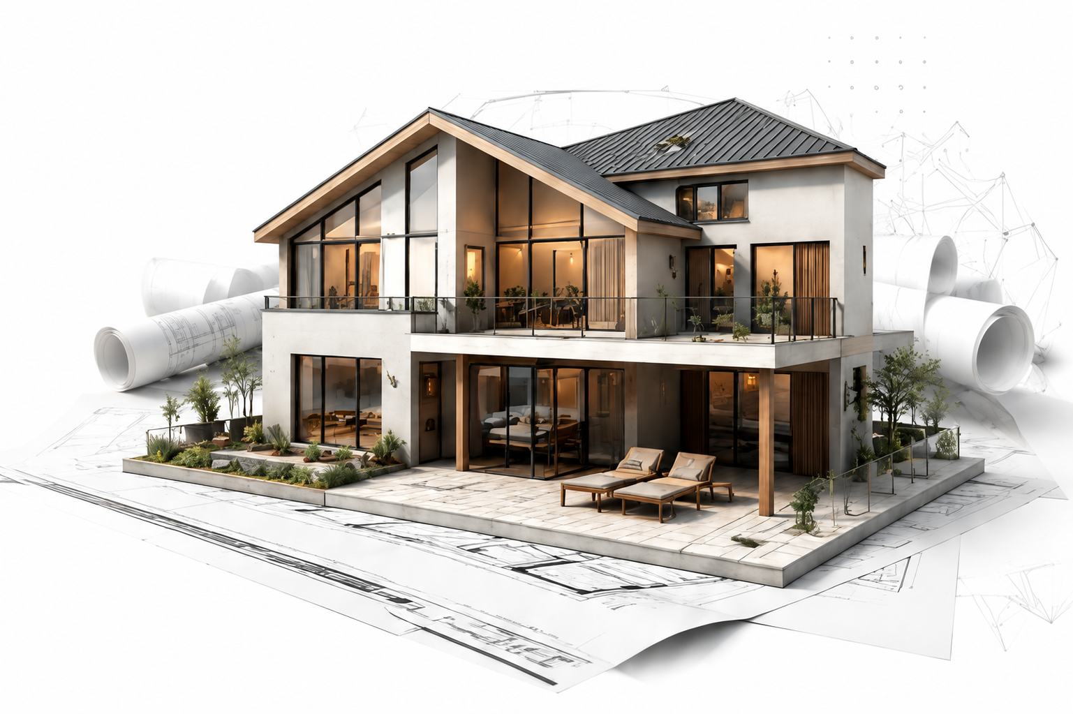 3D-visualisering av modernt tvåvåningshus med terrass och arkitektskiss i bakgrunden