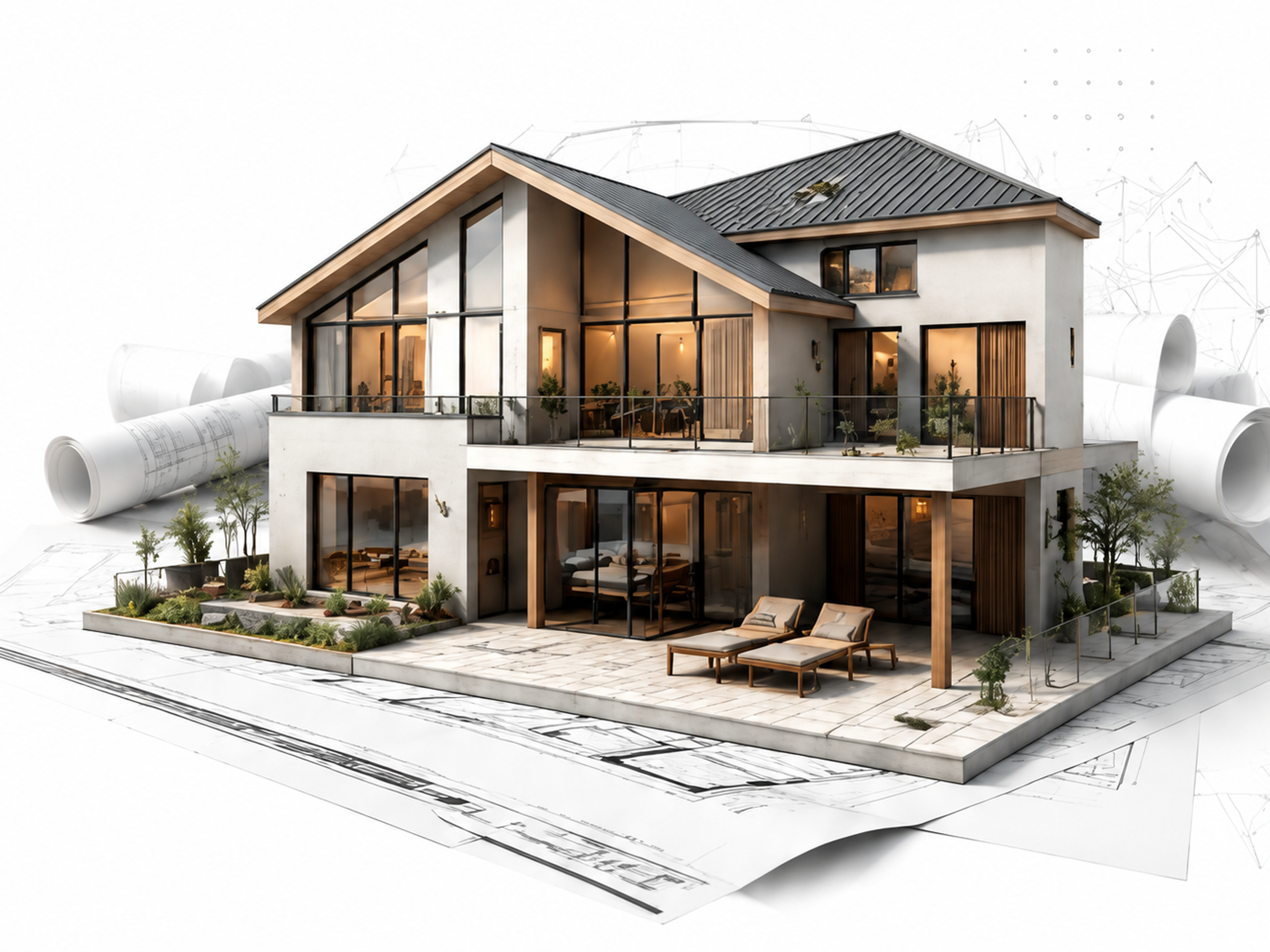 3D-visualisering av modernt tvåvåningshus med terrass och arkitektskiss i bakgrunden