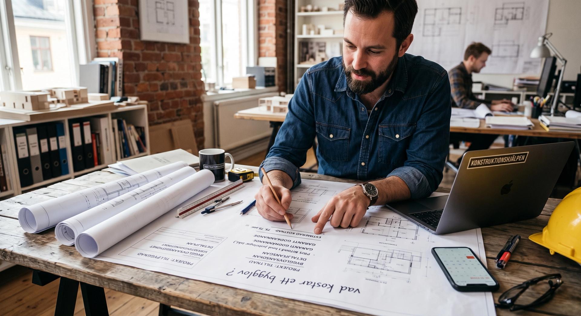En manlig arkitekt sitter vid ett skrivbord på ett ljust kontor och granskar bygglovsritningar. På bordet framför honom ligger utrullade papper med texten 'vad kostar ett bygglov?', en laptop med Konstruktionshjälpens logotyp, en gul bygghjälm och en kaffekopp.