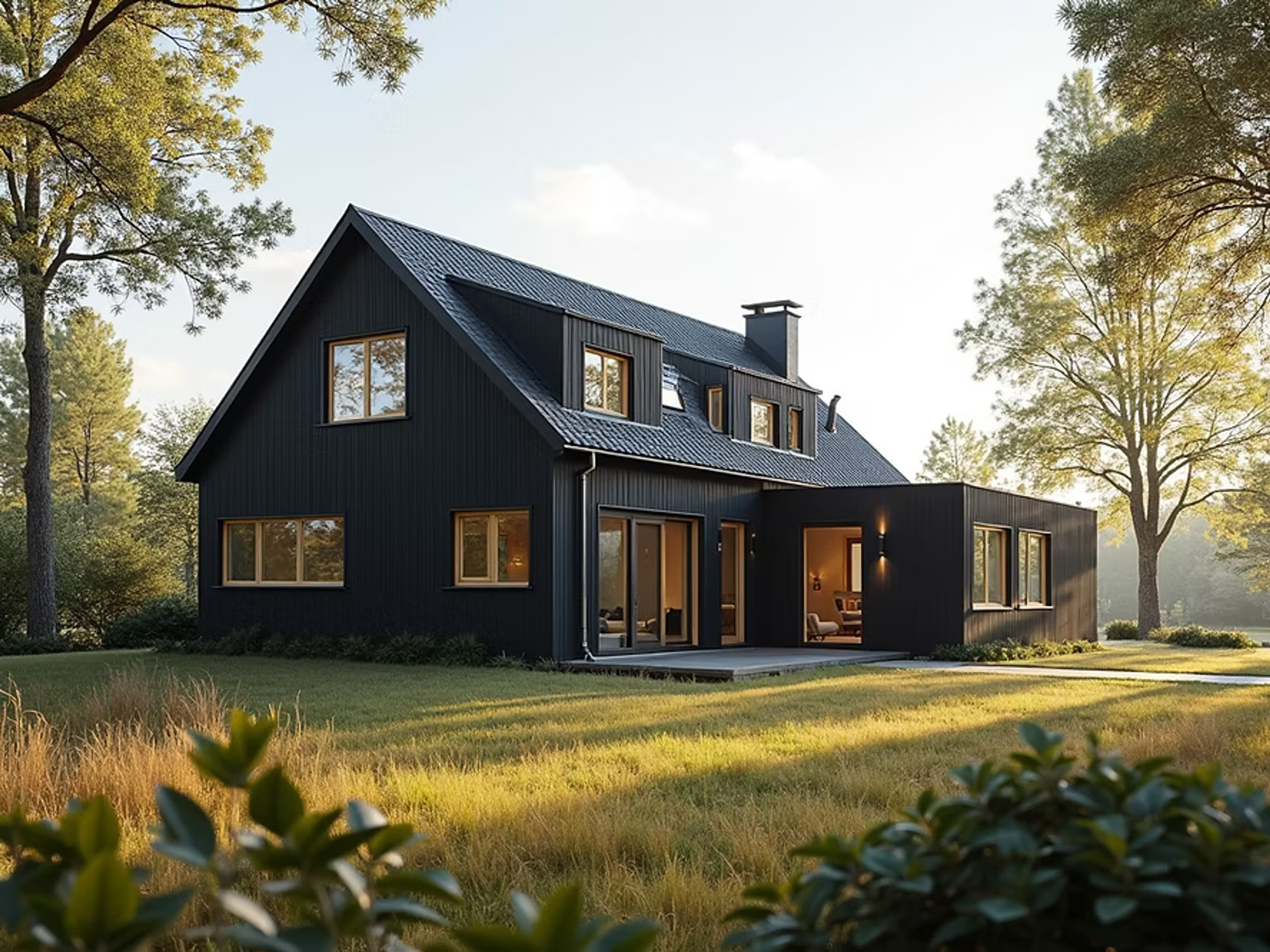 Mörkt modernt hus med stora glaspartier i skogsmiljö på kvällen