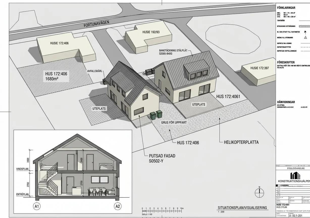 Bygglovshandling A-00.1-201 – situationsplan, visualisering och sektion för två enbostadshus på Husie 172:406