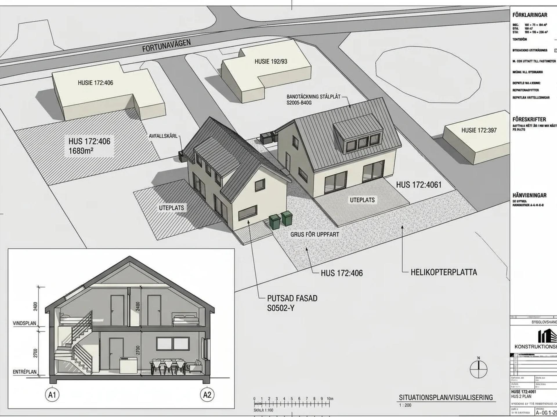 Bygglovshandling A-00.1-201 – situationsplan, visualisering och sektion för två enbostadshus på Husie 172:406