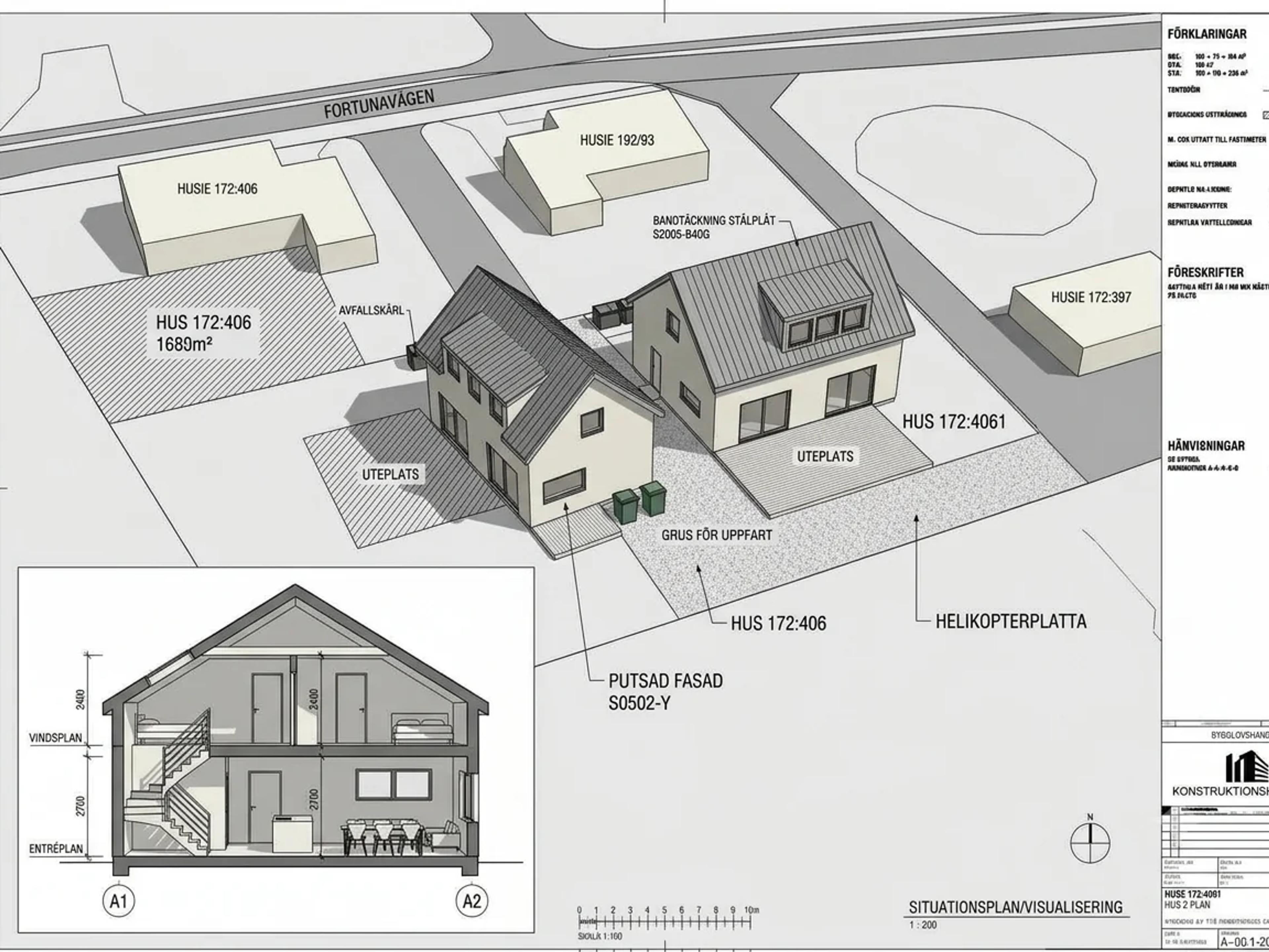 Bygglovshandling A-00.1-201 – situationsplan, visualisering och sektion för två enbostadshus på Husie 172:406