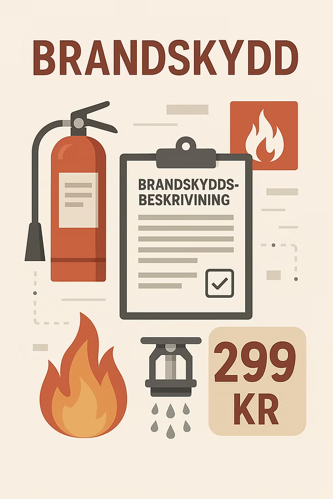 Infografik om brandskydd med prisuppgift 299 kr för brandskyddsbeskrivning