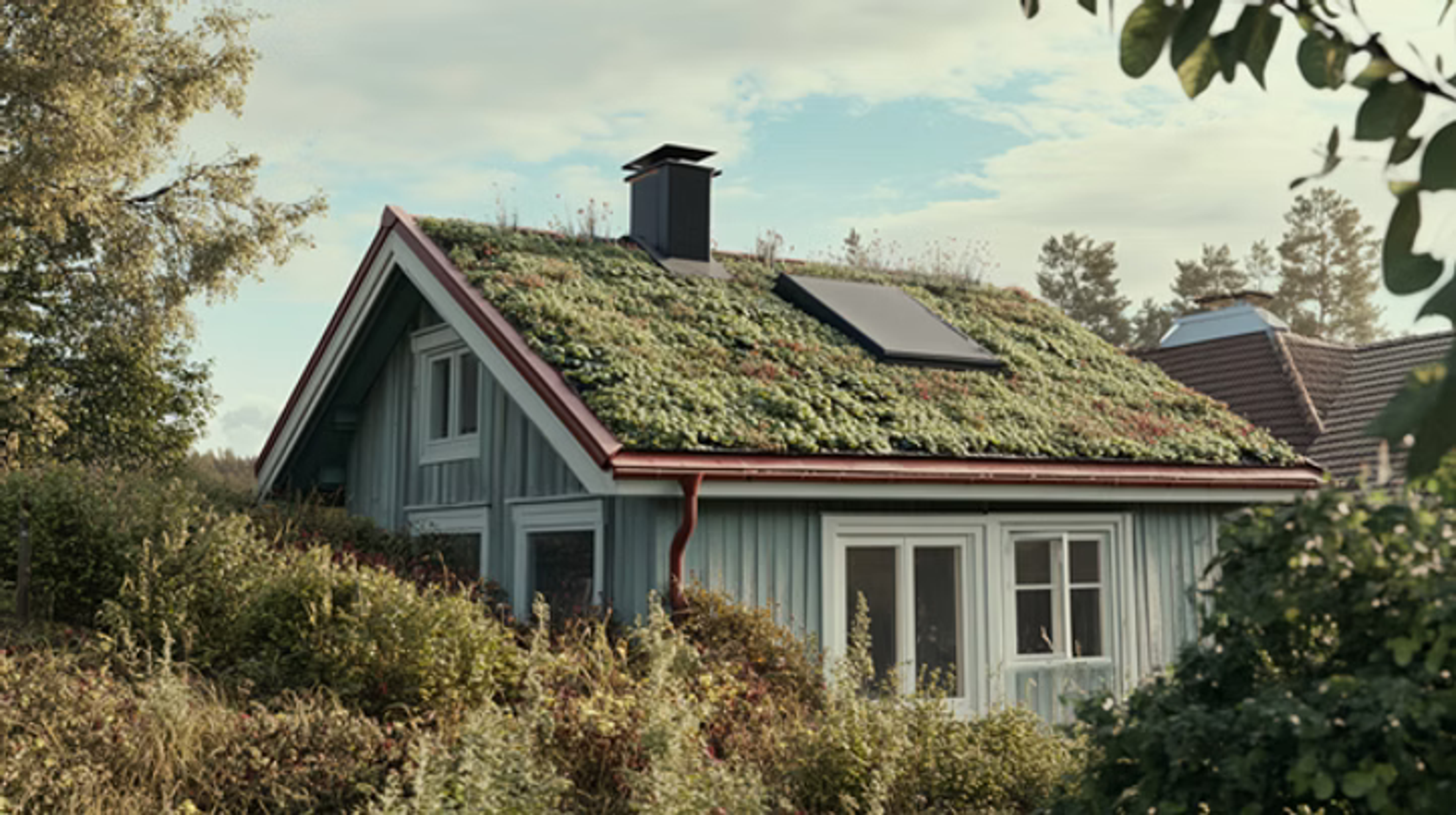 Grått hus med grönt sedumtak, skorsten och solpanel, omgivet av grönska
