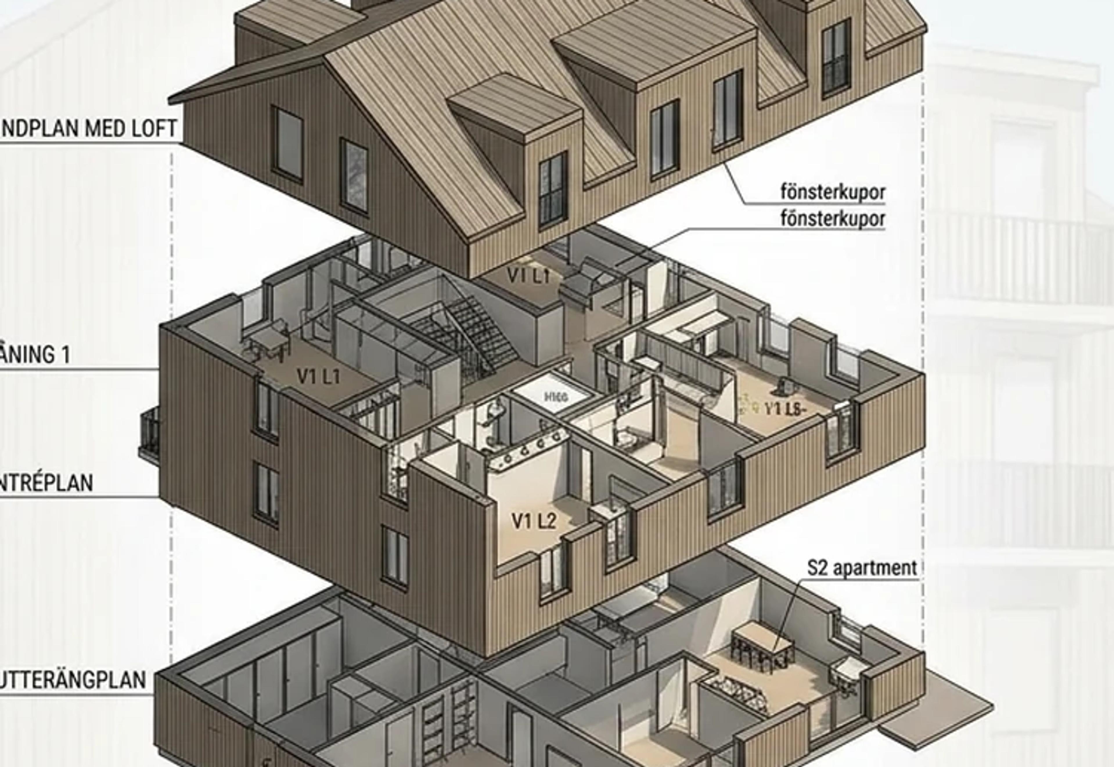 Uppsprängd 3D-vy av flerbostadshuset Laboremus 5 med souterrängplan, entréplan, våning 1 och vindplan med loft