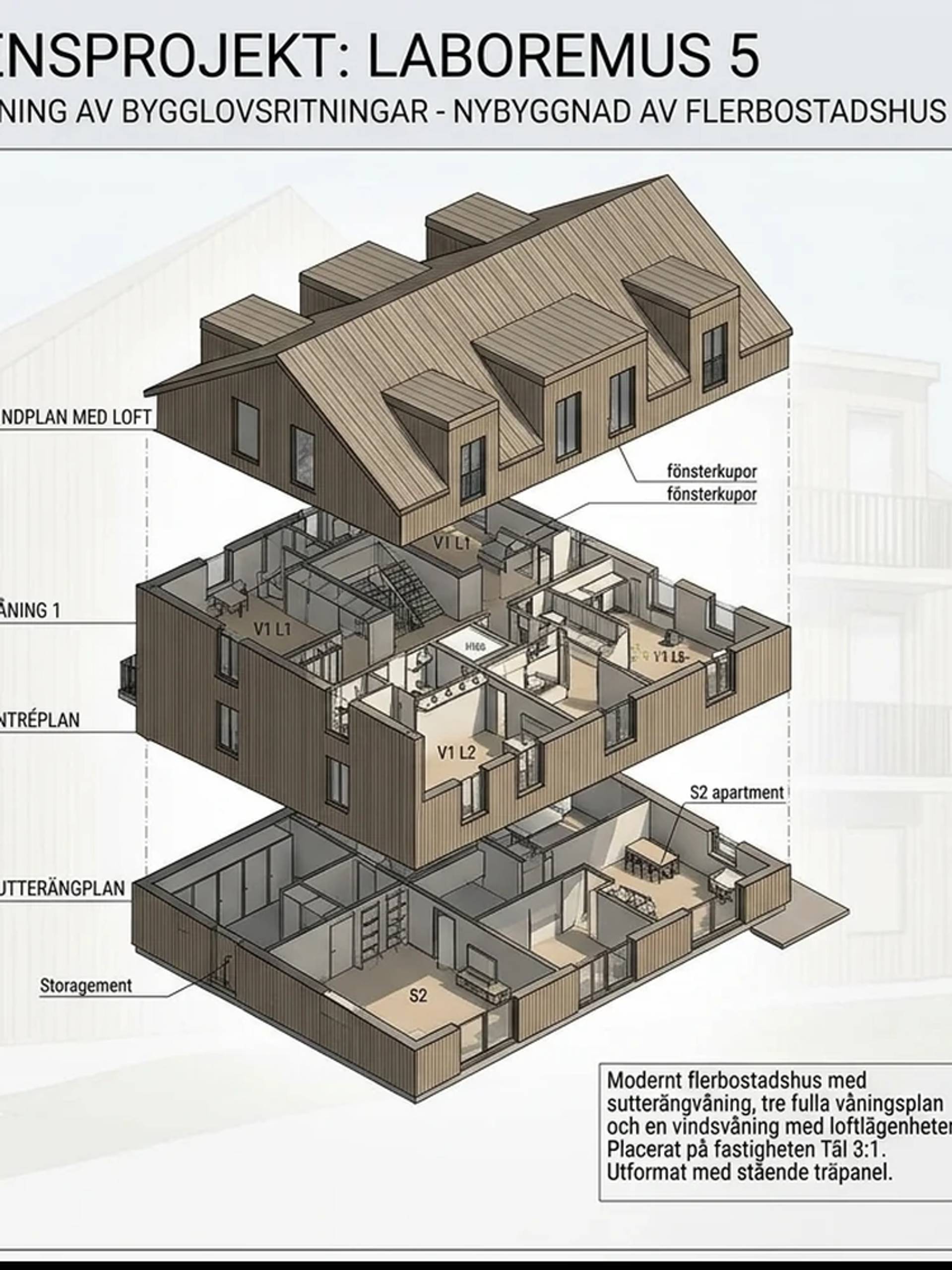 Uppsprängd 3D-vy av flerbostadshuset Laboremus 5 med souterrängplan, entréplan, våning 1 och vindplan med loft
