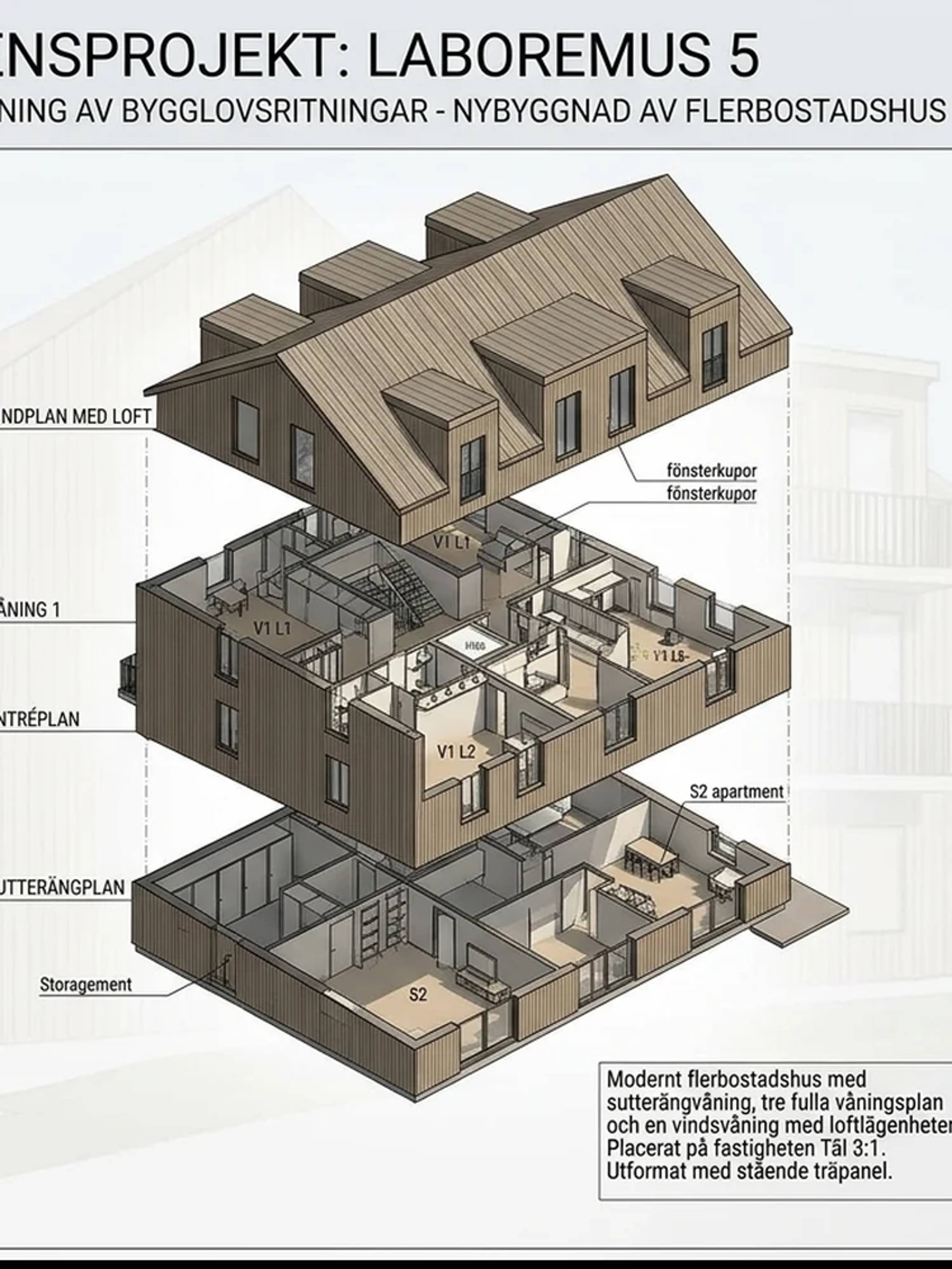Uppsprängd 3D-vy av flerbostadshuset Laboremus 5 med souterrängplan, entréplan, våning 1 och vindplan med loft