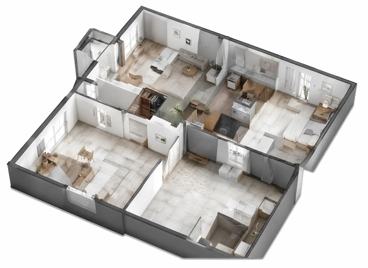 3D-planritning i fågelperspektiv med möblerade rum