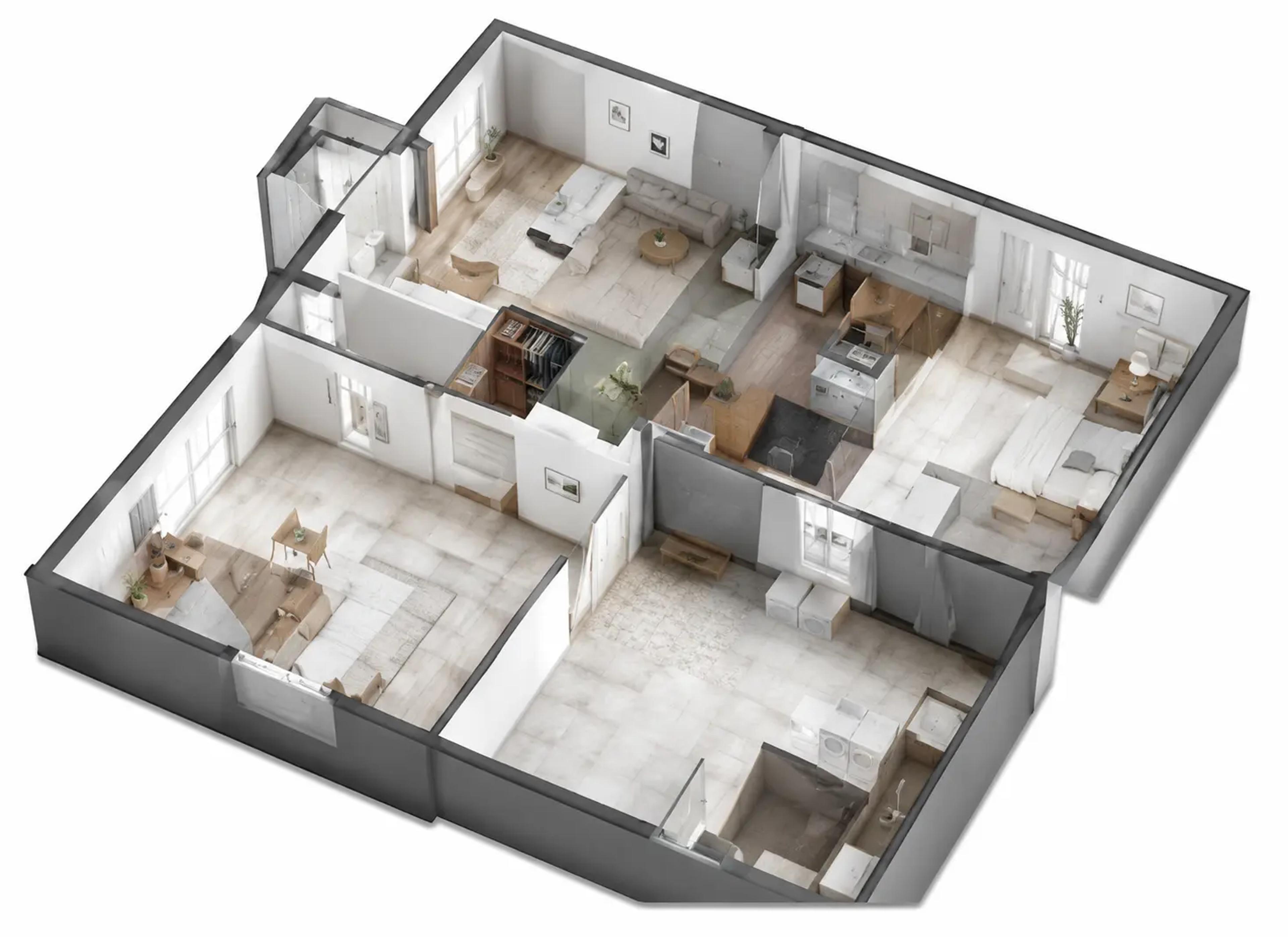 3D-planritning i fågelperspektiv med möblerade rum
