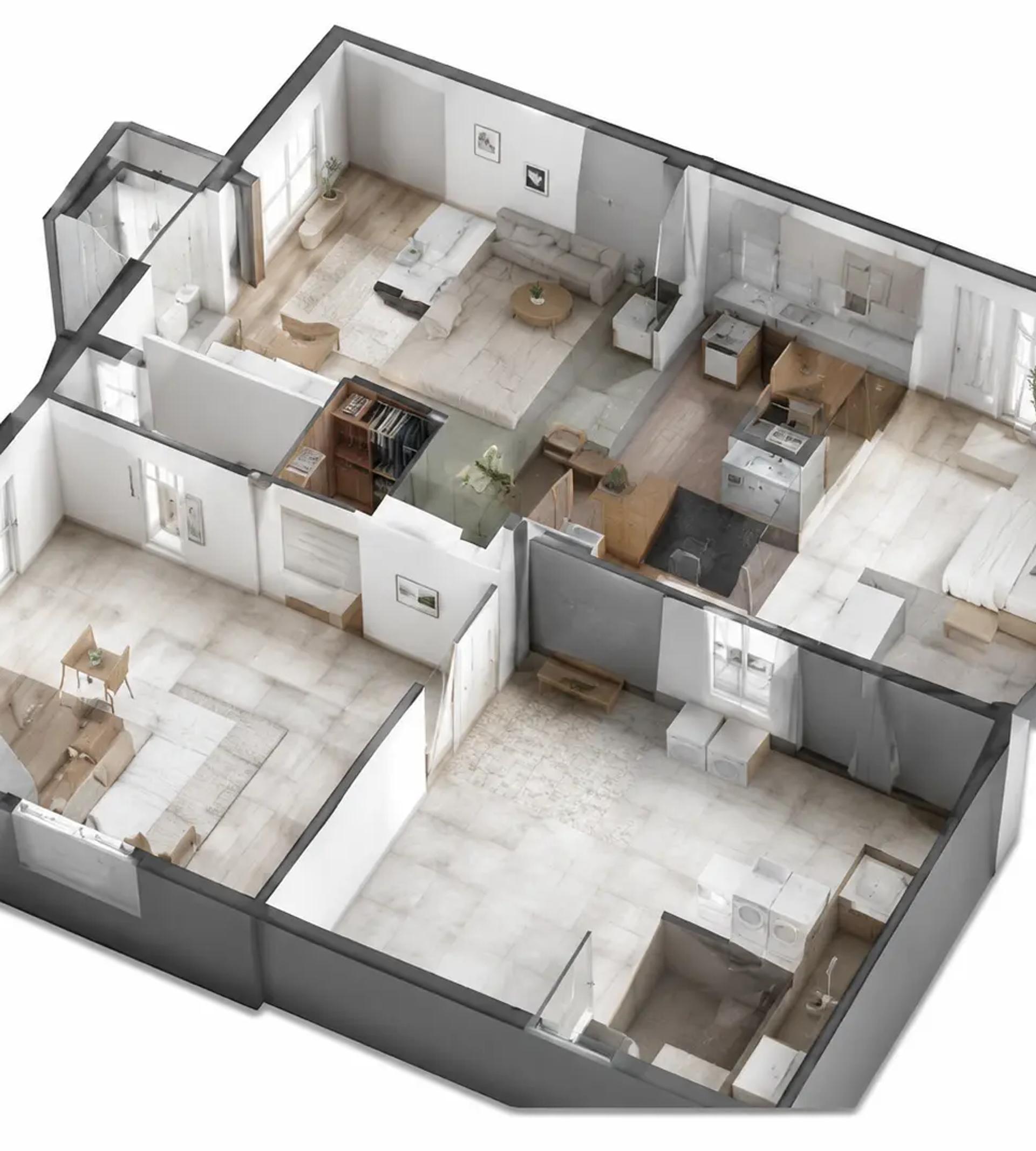 3D-planritning i fågelperspektiv med möblerade rum
