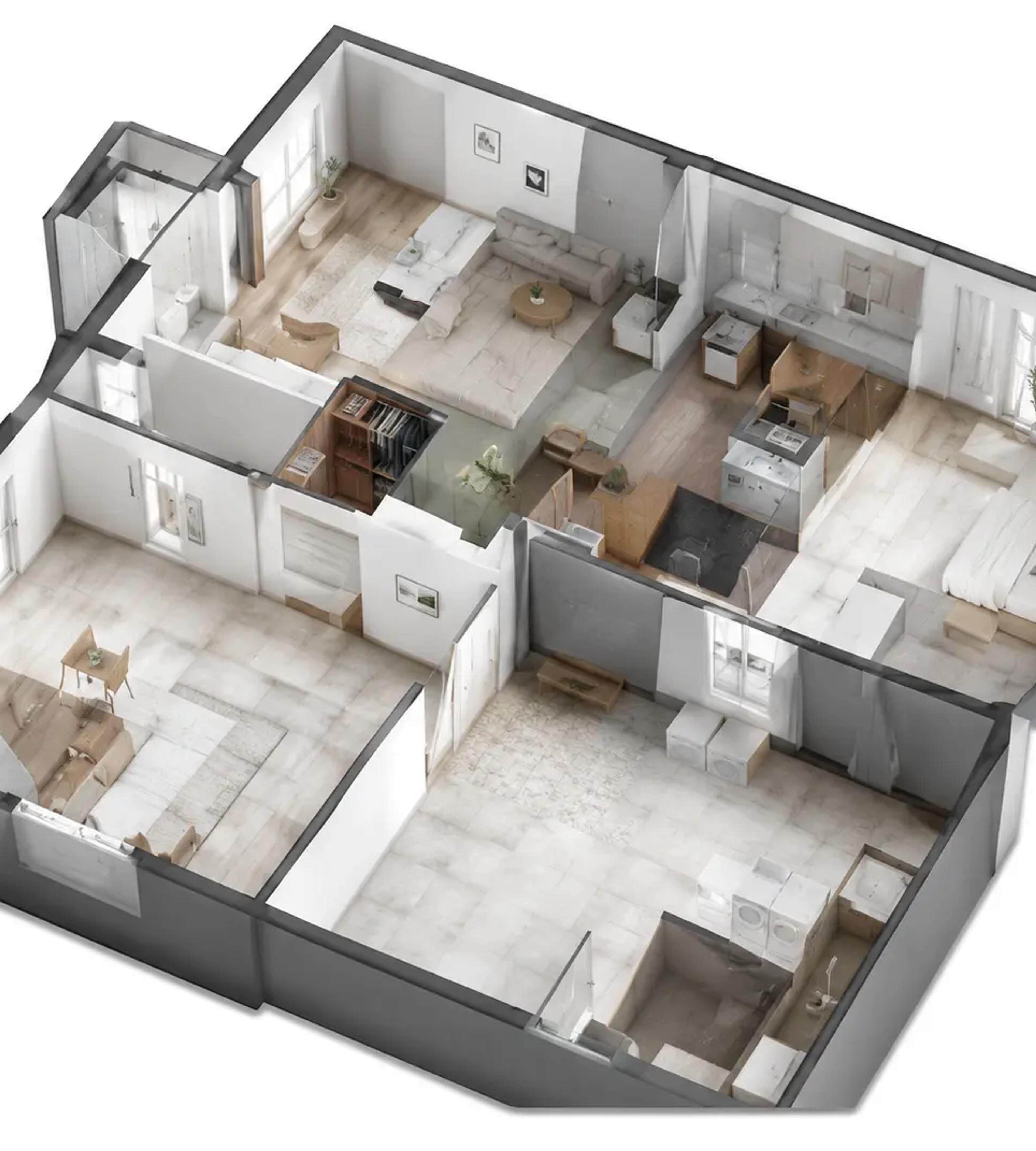 3D-planritning i fågelperspektiv med möblerade rum