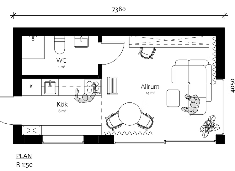 Attefallshus Björkbacken, planritning med kök, WC och allrum