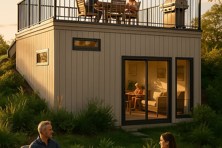 Attefallshus Suttorp, 3D-exteriörvy med takterrass och middagssällskap i solnedgång