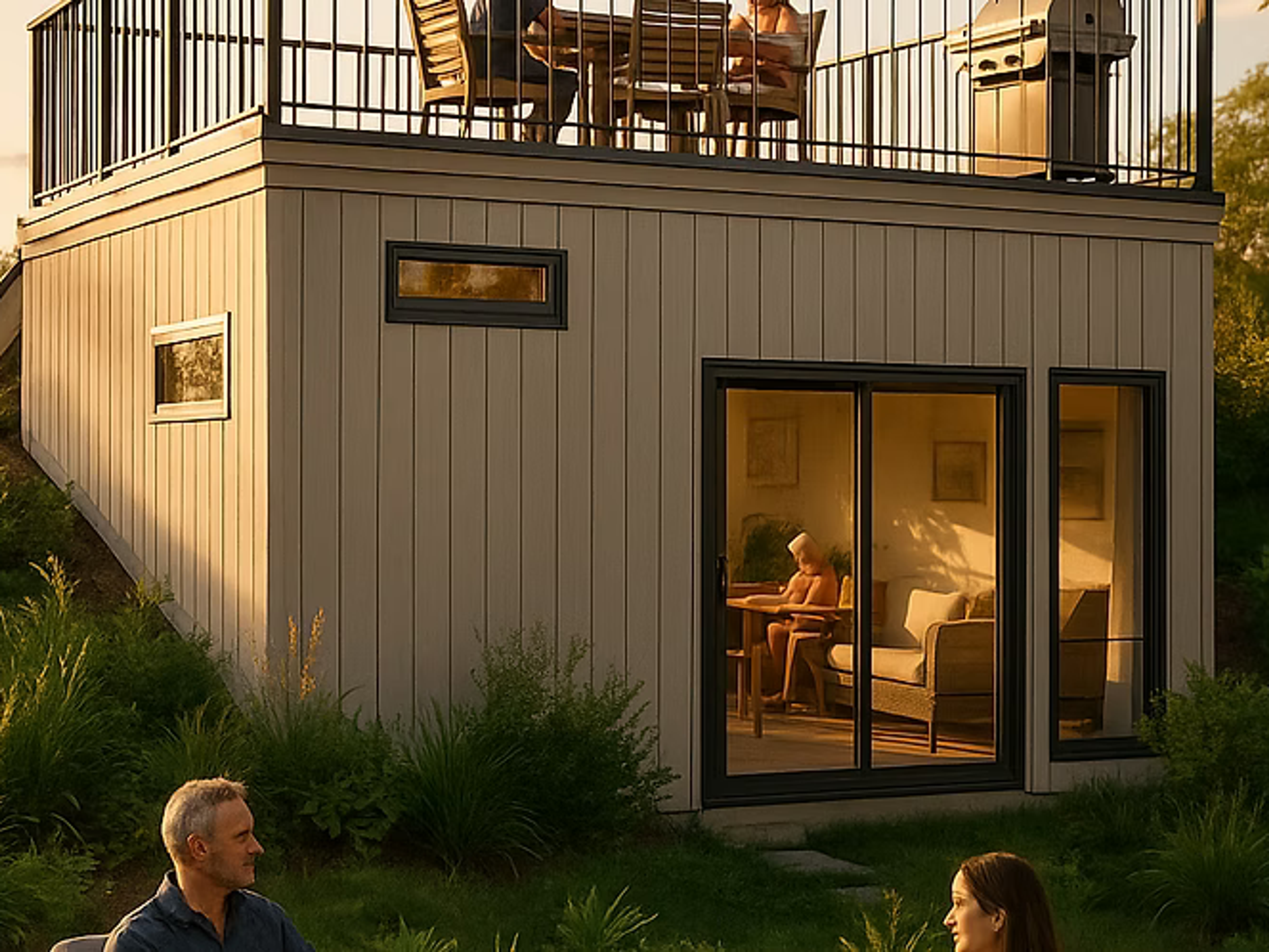 Attefallshus Suttorp, 3D-exteriörvy med takterrass och middagssällskap i solnedgång