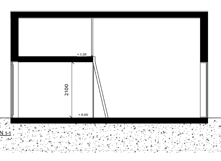 Attefallshus Björkbacken, sektionsritning 1-1 med loftstege och dörrhöjd 2100 mm