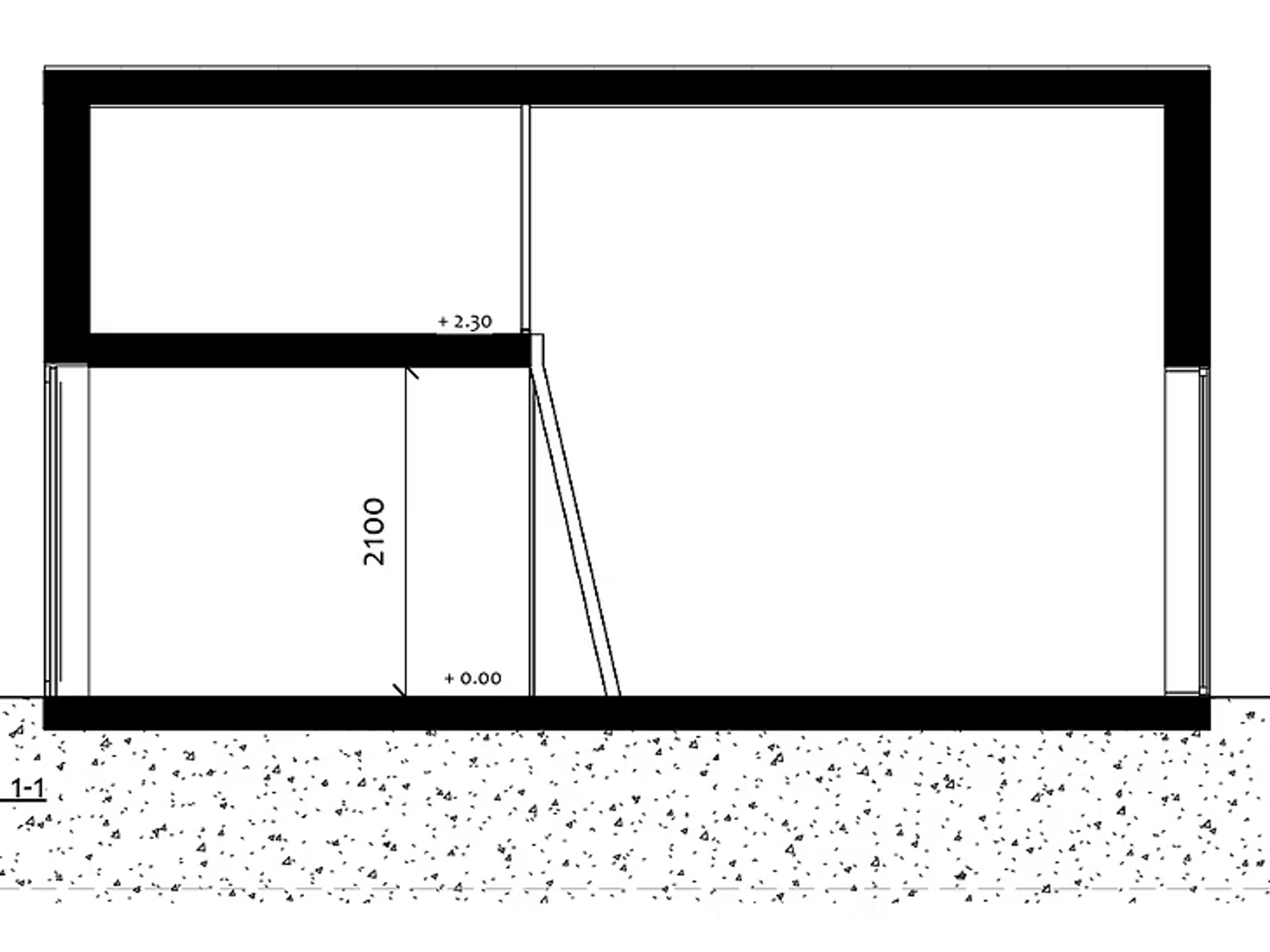 Attefallshus Björkbacken, sektionsritning 1-1 med loftstege och dörrhöjd 2100 mm