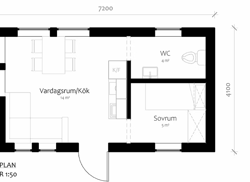 Planritning för attefallshus med vardagsrum/kök, sovrum och WC