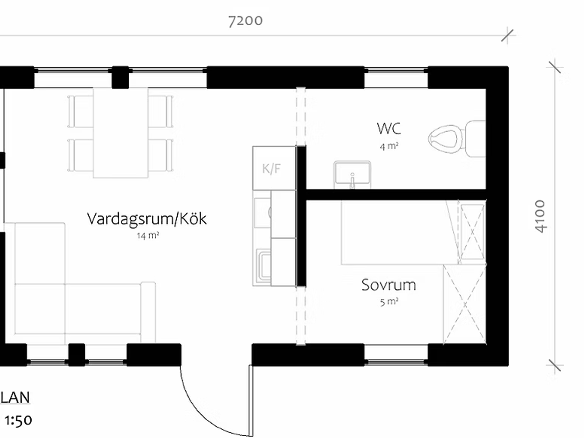 Planritning för attefallshus med vardagsrum/kök, sovrum och WC
