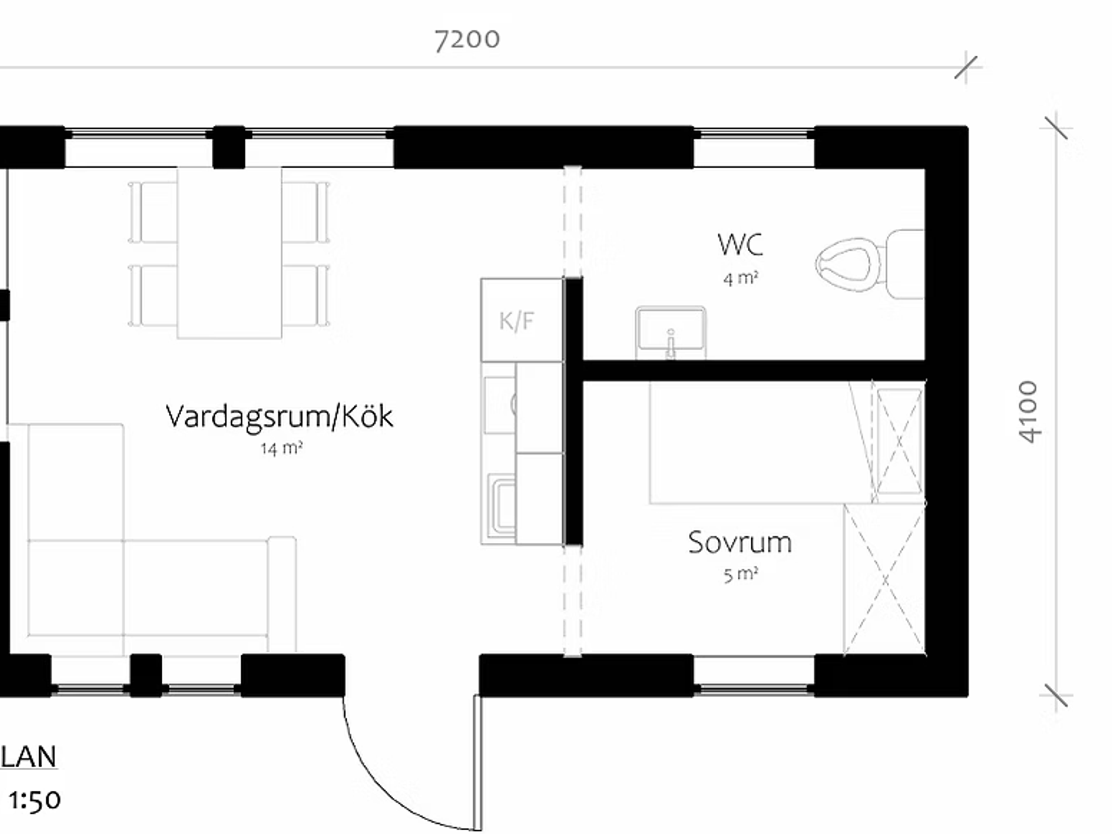 Planritning för attefallshus med vardagsrum/kök, sovrum och WC