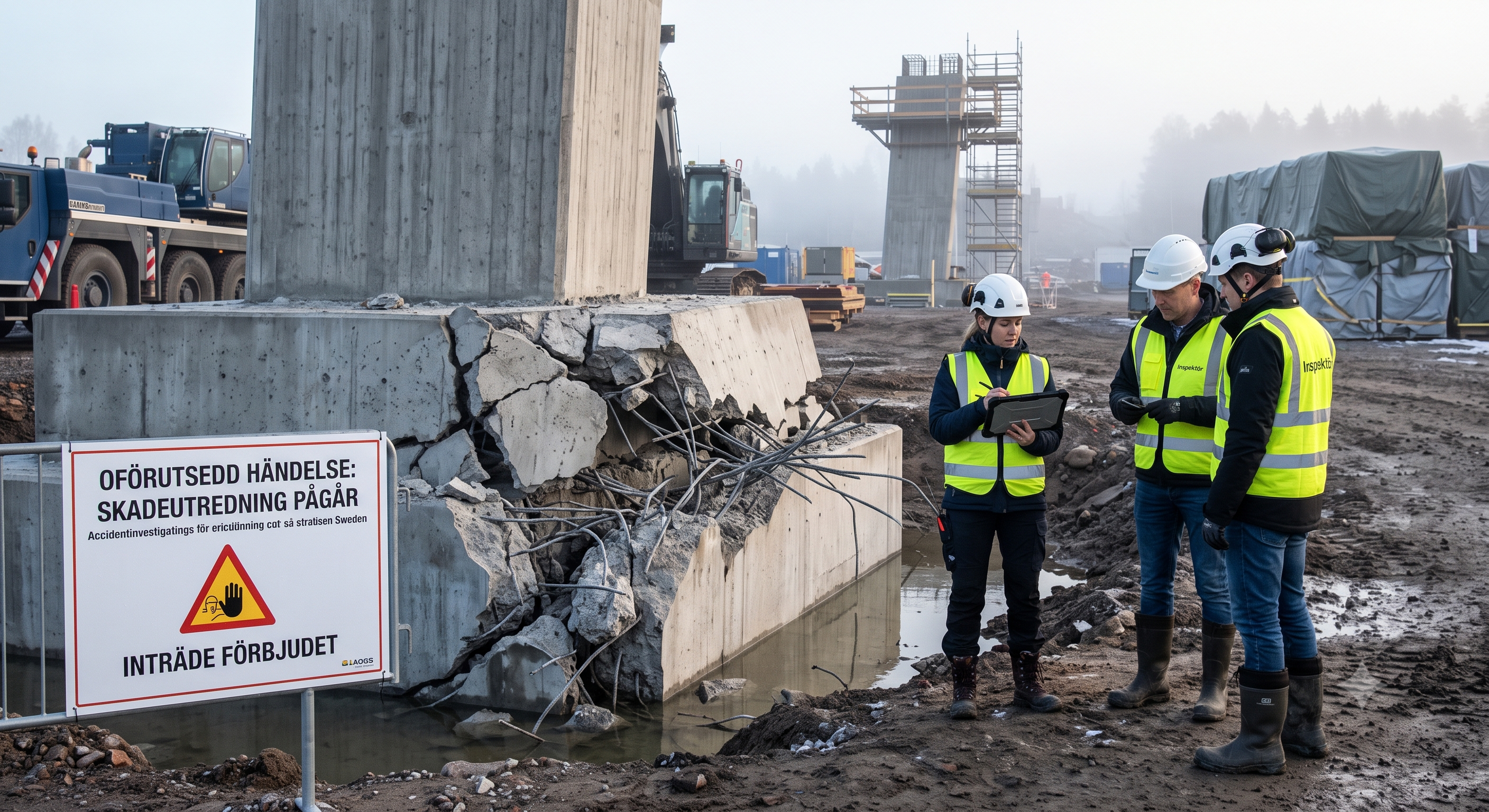 Skadad grund med utstickande armering och 3 byggarbetare