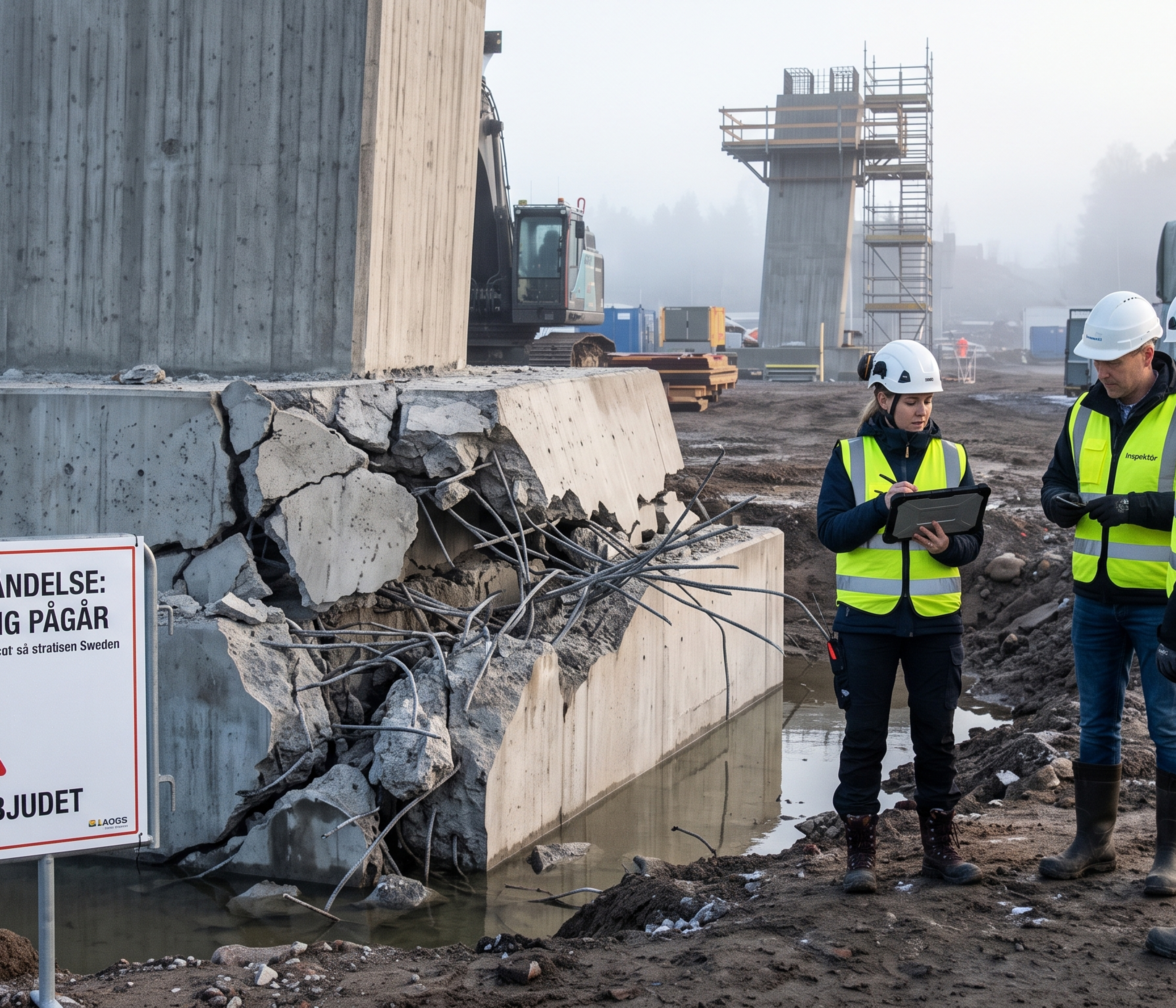Skadad grund med utstickande armering och 3 byggarbetare