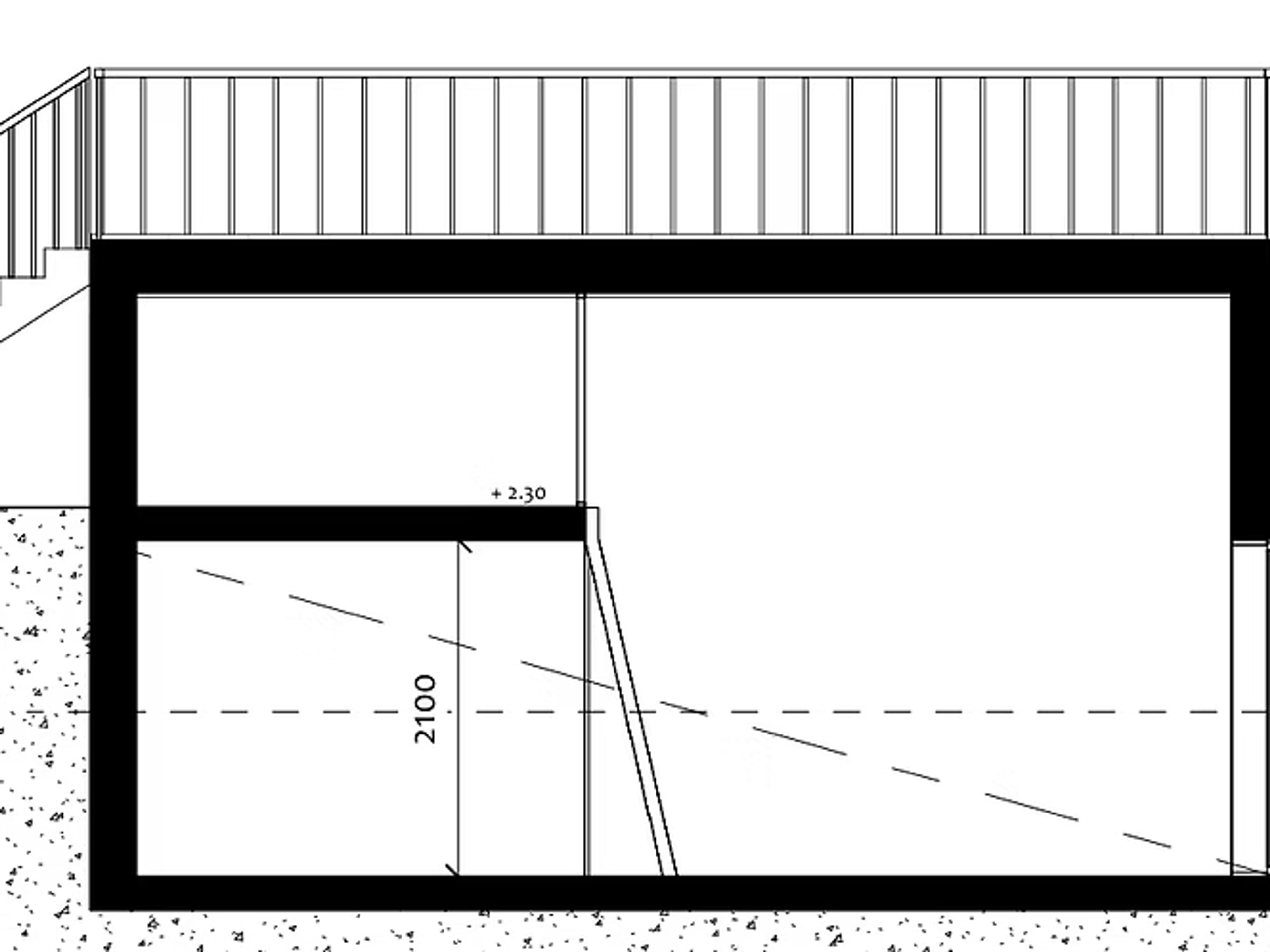 Attefallshus Suttorp, sektionsritning som visar takterrassens konstruktion