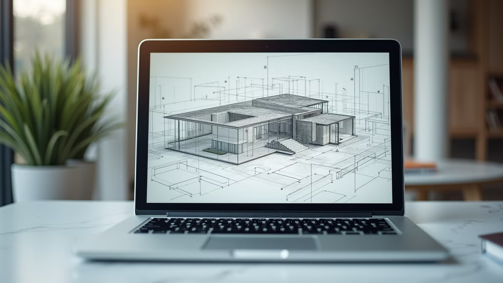 Bärbar dator som visar en 3D-skiss av ett hus