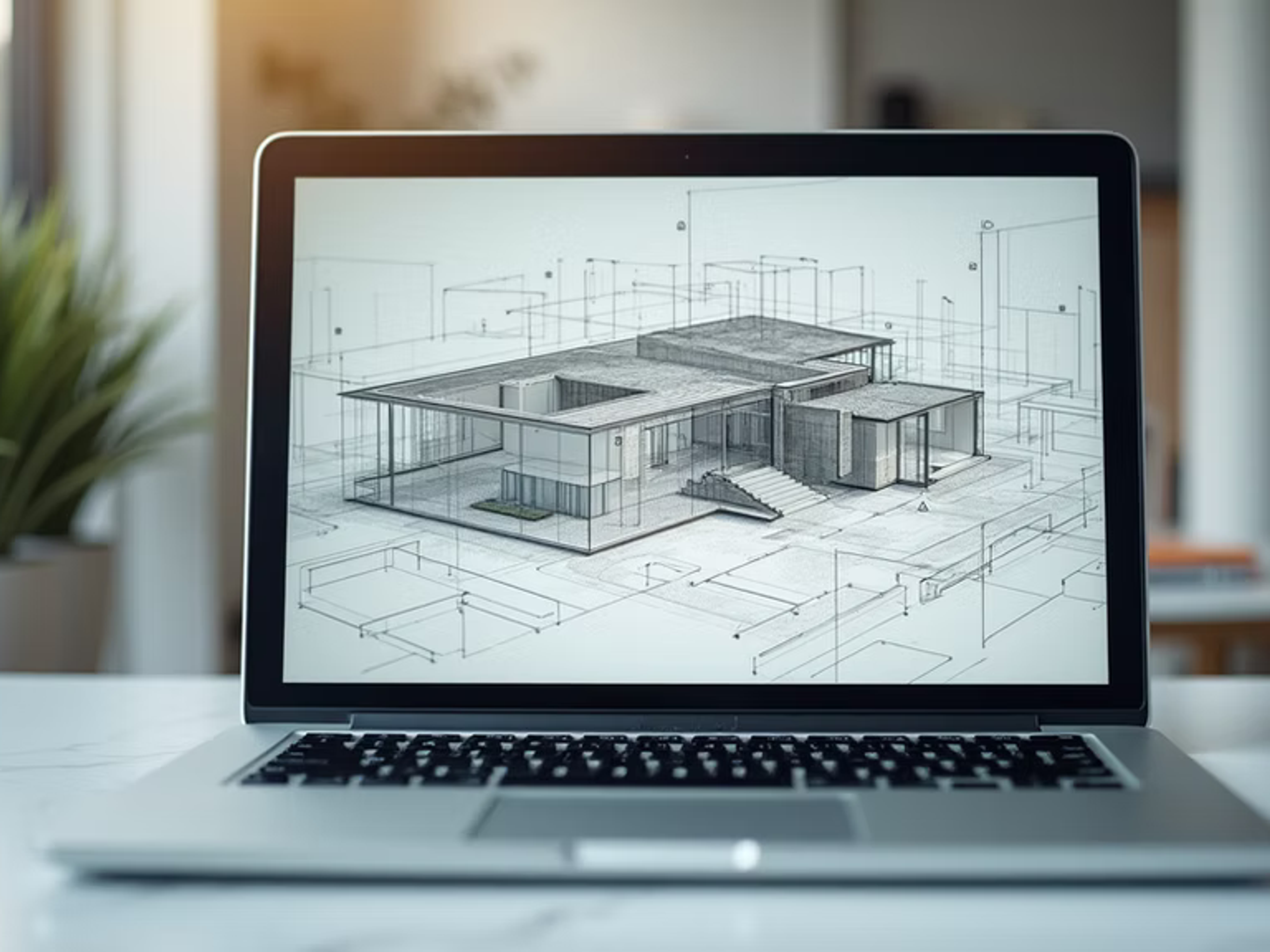 Bärbar dator som visar en 3D-skiss av ett hus