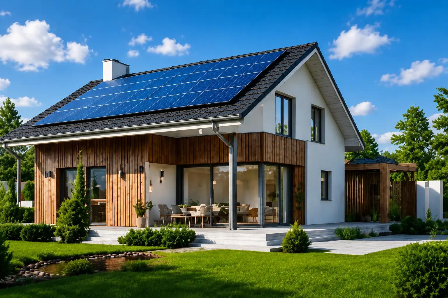 Villa med solpaneler på taket, träpanel och trädgård i dagsljus