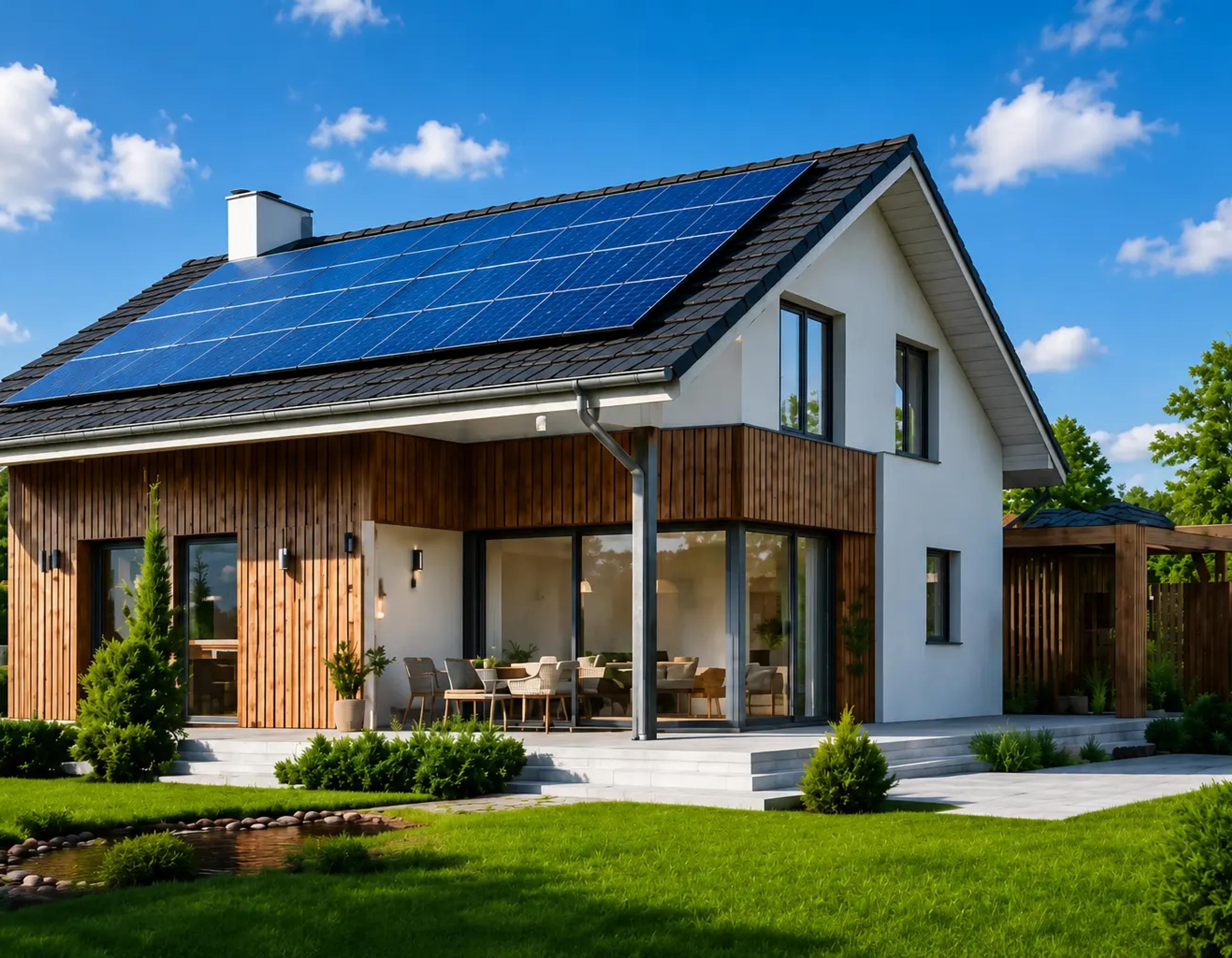 Villa med solpaneler på taket, träpanel och trädgård i dagsljus
