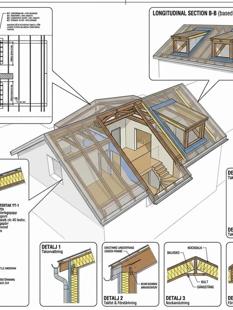 3D-vy av befintligt tak med två nya takkupor, förstärkta takstolar och synlig stomme