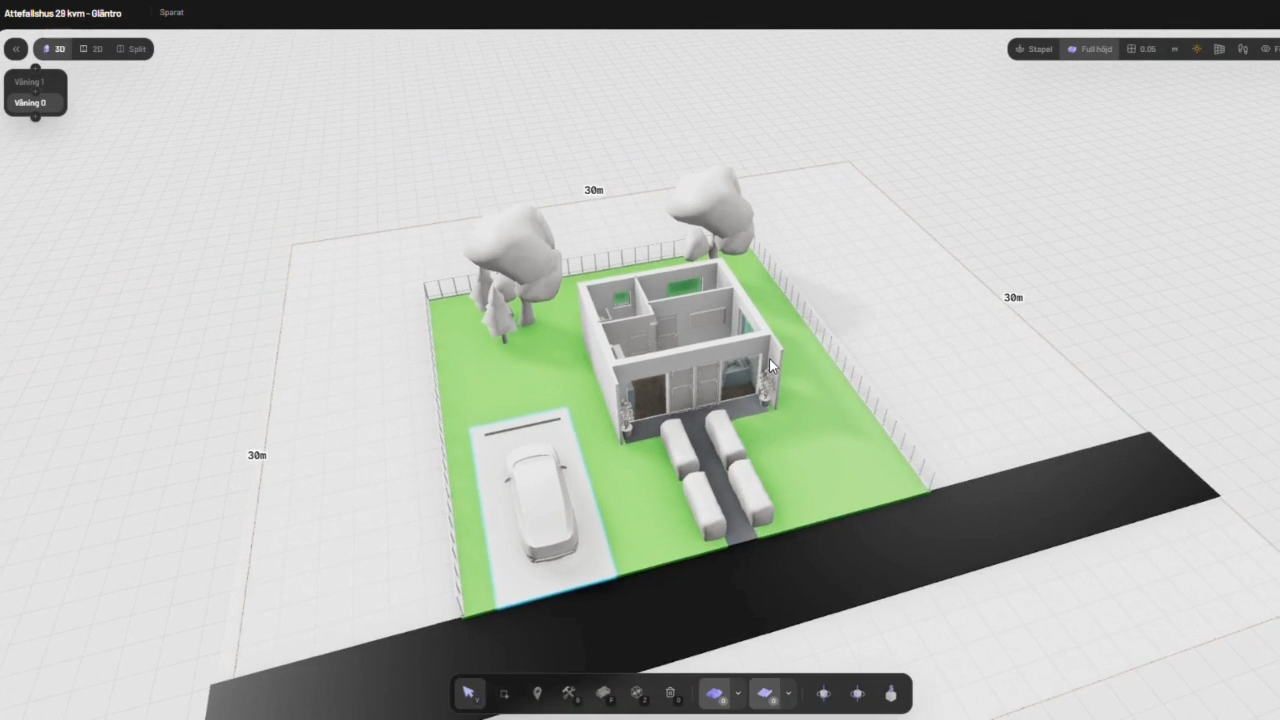 Skärmdump från ett 3D-ritprogram som visar en enkel husmodell med bil och träd