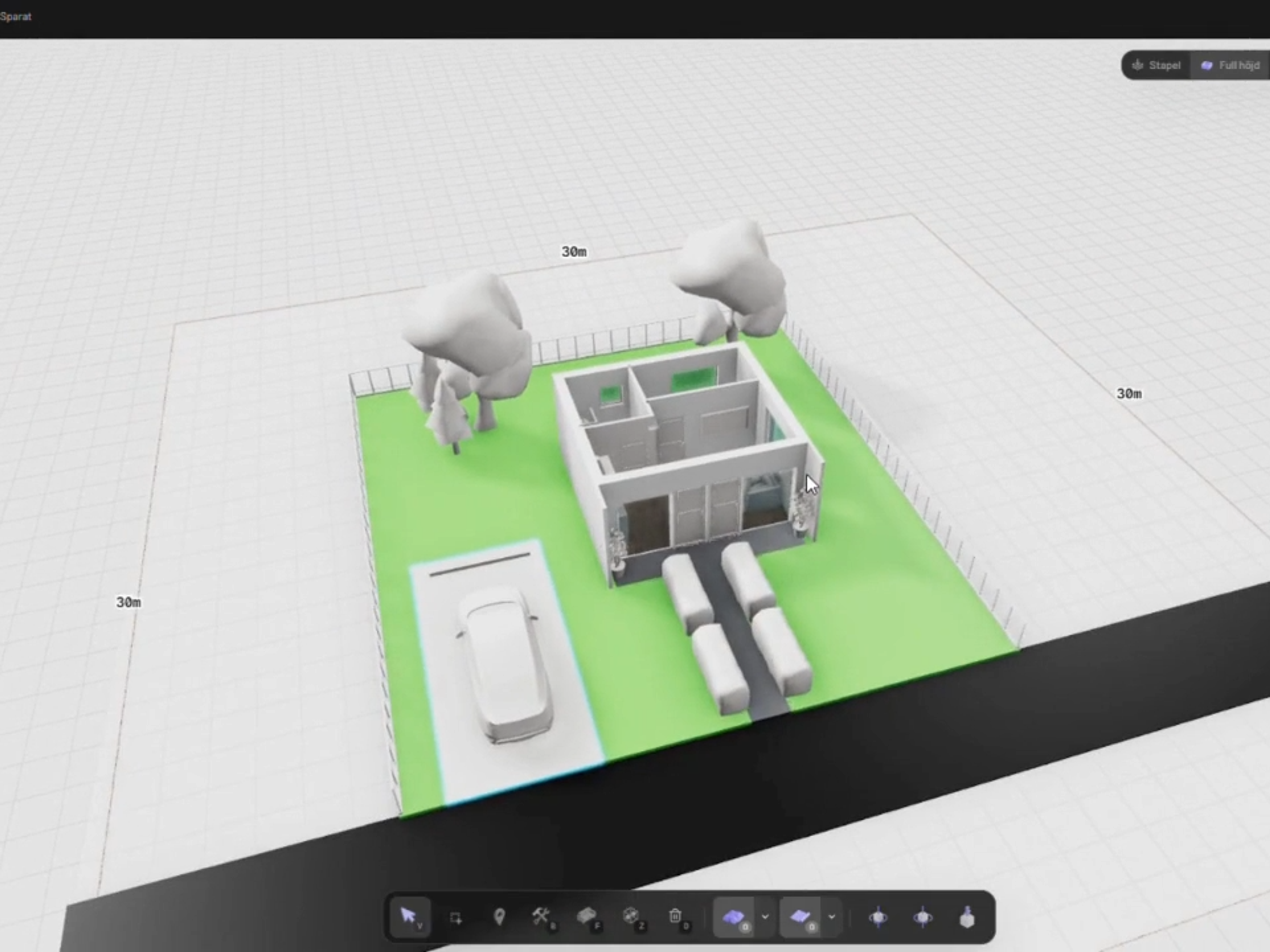 Skärmdump från ett 3D-ritprogram som visar en enkel husmodell med bil och träd
